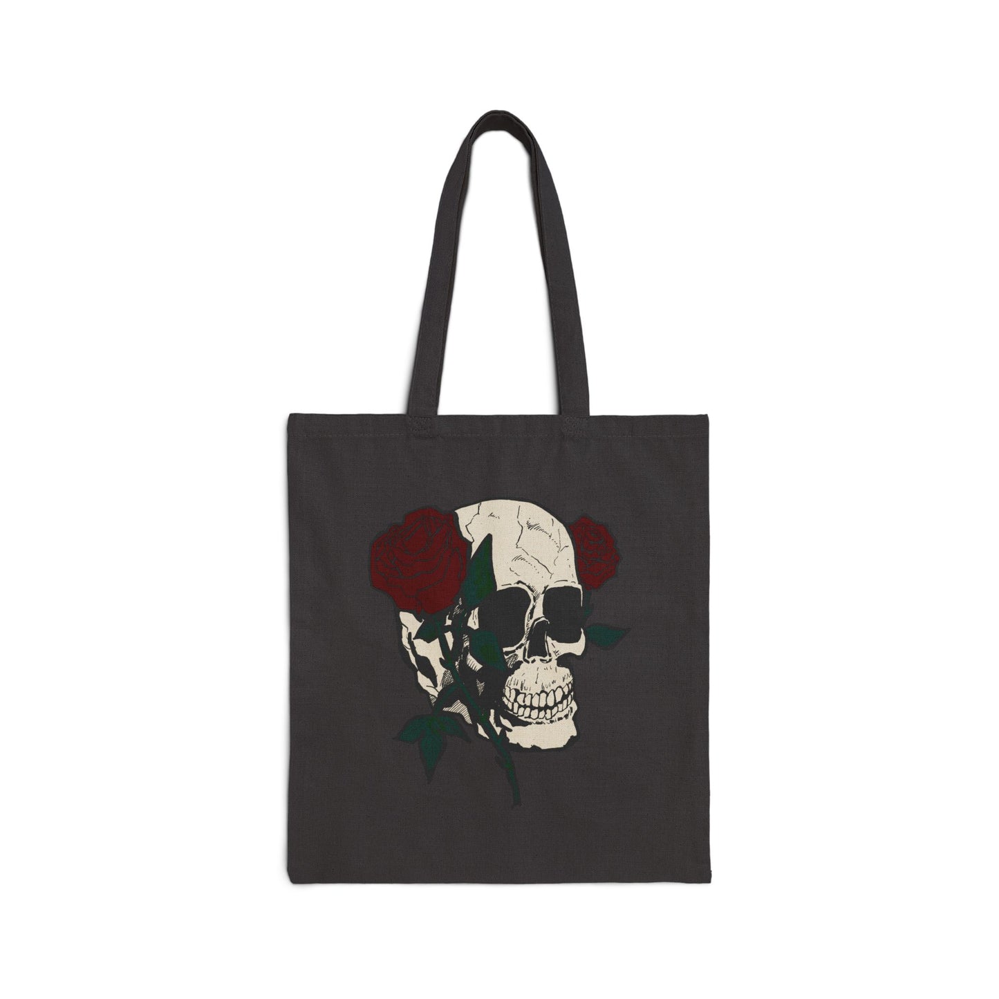 Skull & Roses Canvas Tote Bag — Gothic Floral Reusable Shopper
