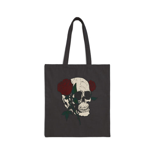 Skull & Roses Canvas Tote Bag — Gothic Floral Reusable Shopper