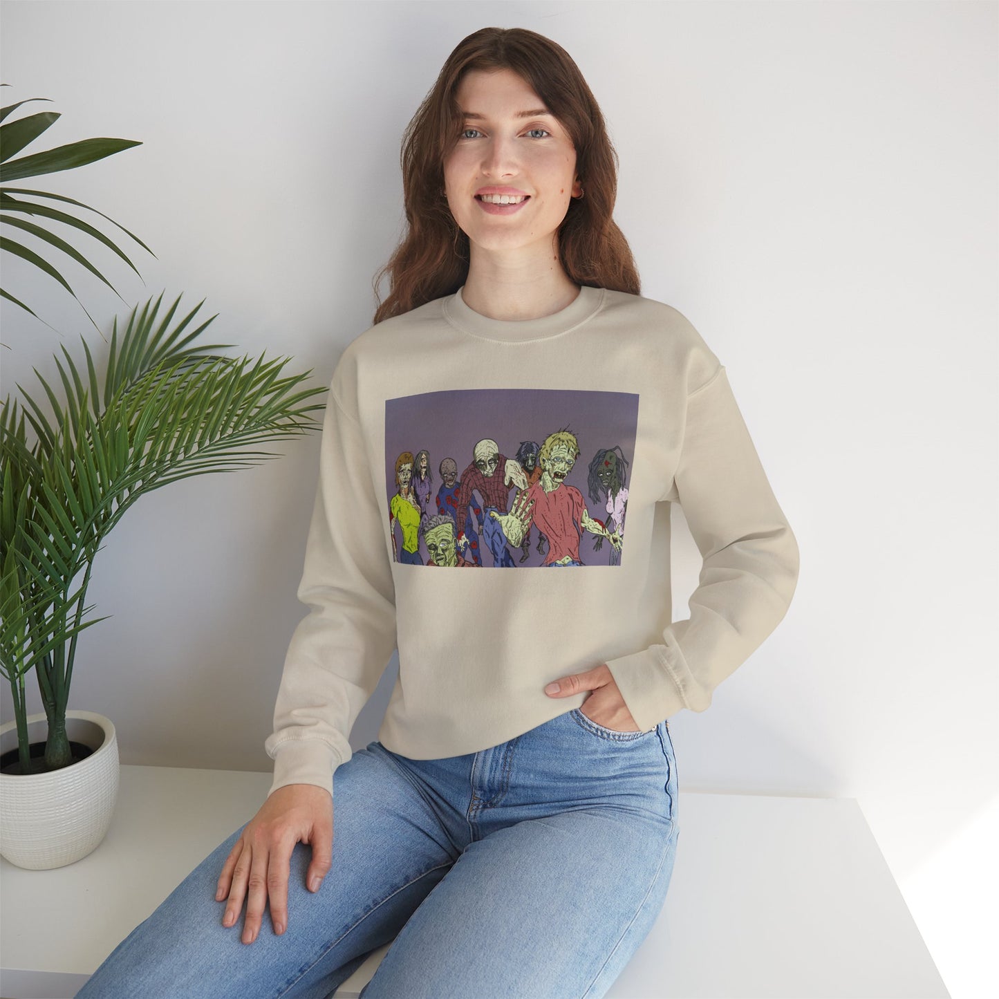 Zombie-Themed Unisex Crewneck Sweatshirt - Perfect for Halloween and Horror Lovers
