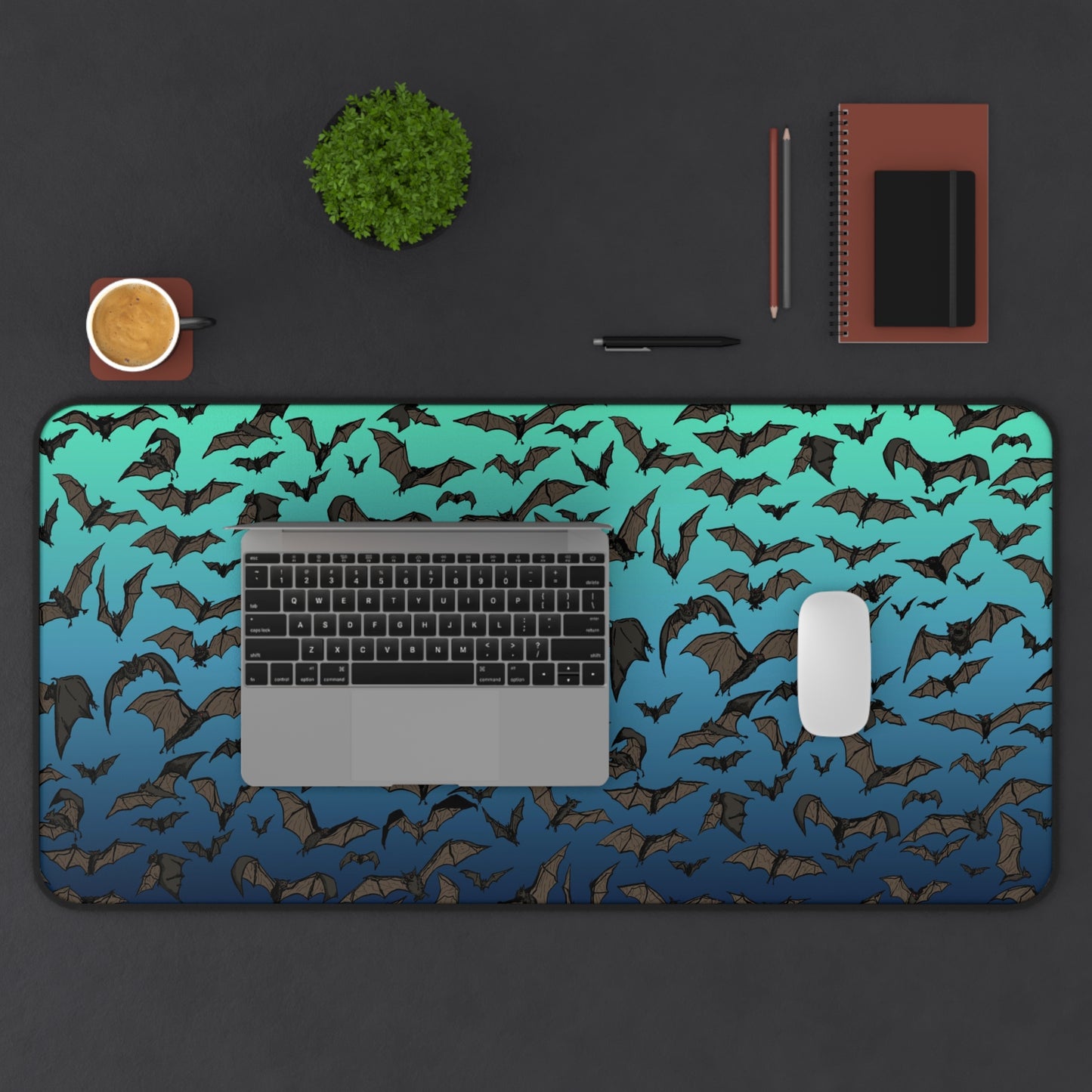 Desk Mat — Gradient Bat Swarm Gaming Desk Mat (Teal to Blue)