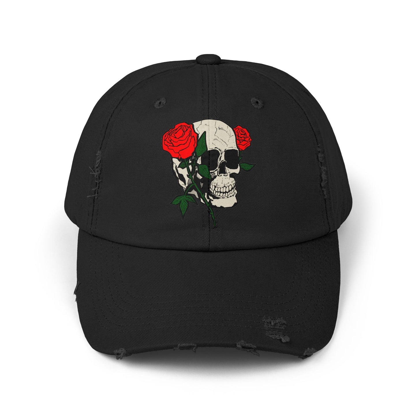 Skull and Roses Distressed Unisex Cap – Edgy Fashion Accessory for Music Lovers