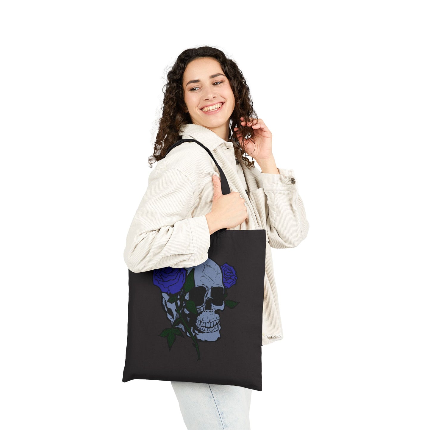 Skull with Blue Roses Cotton Tote Bag – Gothic Floral Canvas Shopper