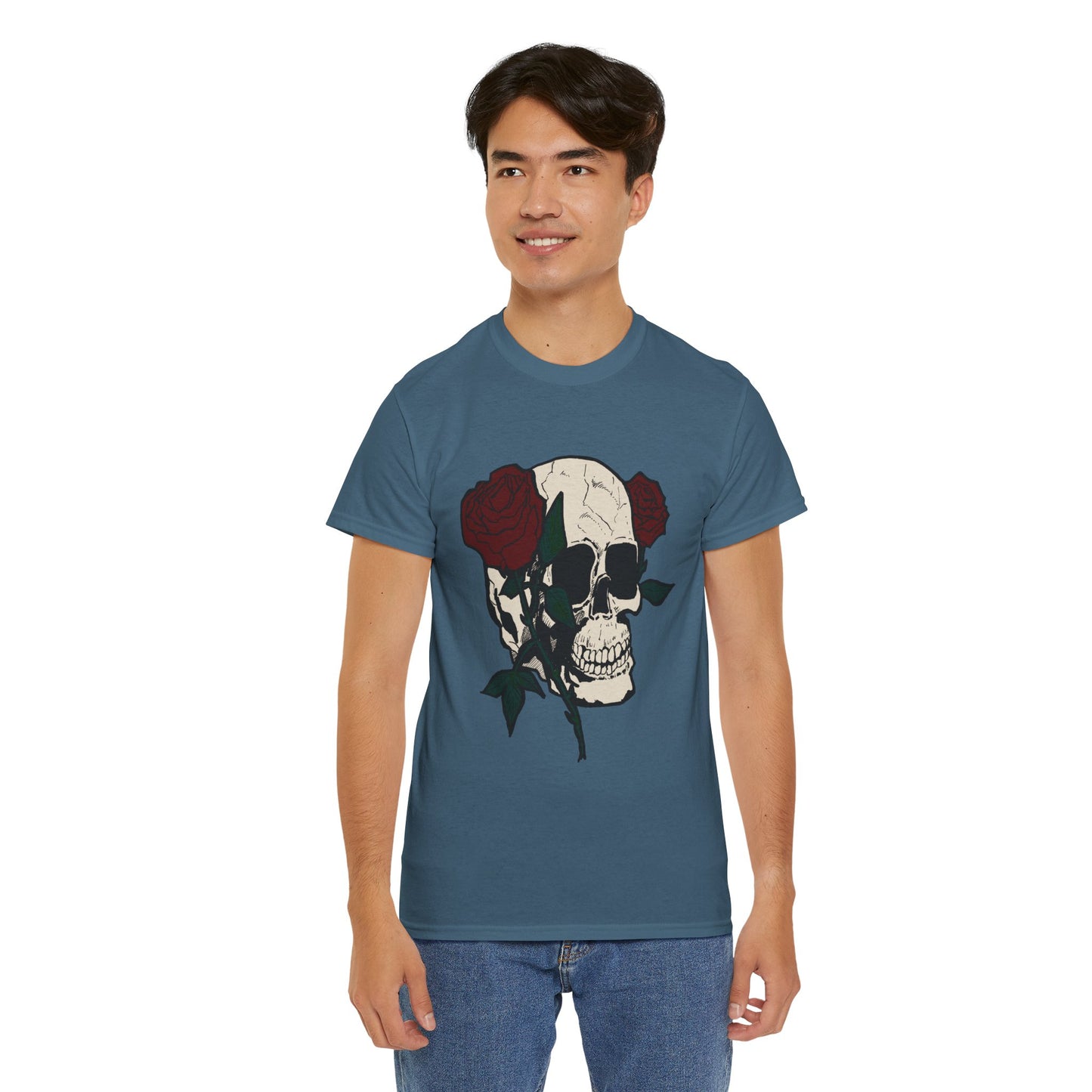 Skull and Roses Unisex Heavy Cotton Tee - Edgy Graphic T-Shirt for Impactful Style