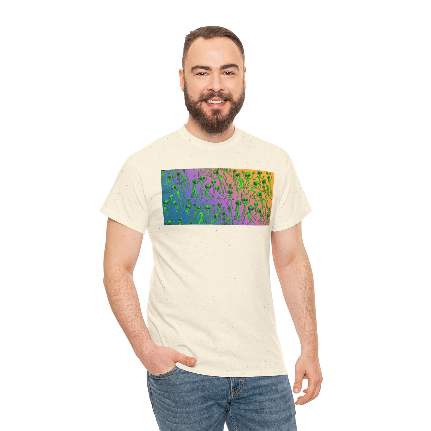 Alien Dance Party Gradient Tee — Colorful Psychedelic Green Aliens Art T-Shirt
