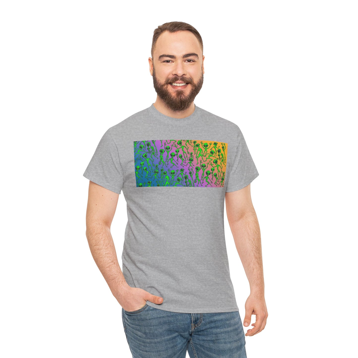 Alien Dance Party Gradient Tee — Colorful Psychedelic Green Aliens Art T-Shirt