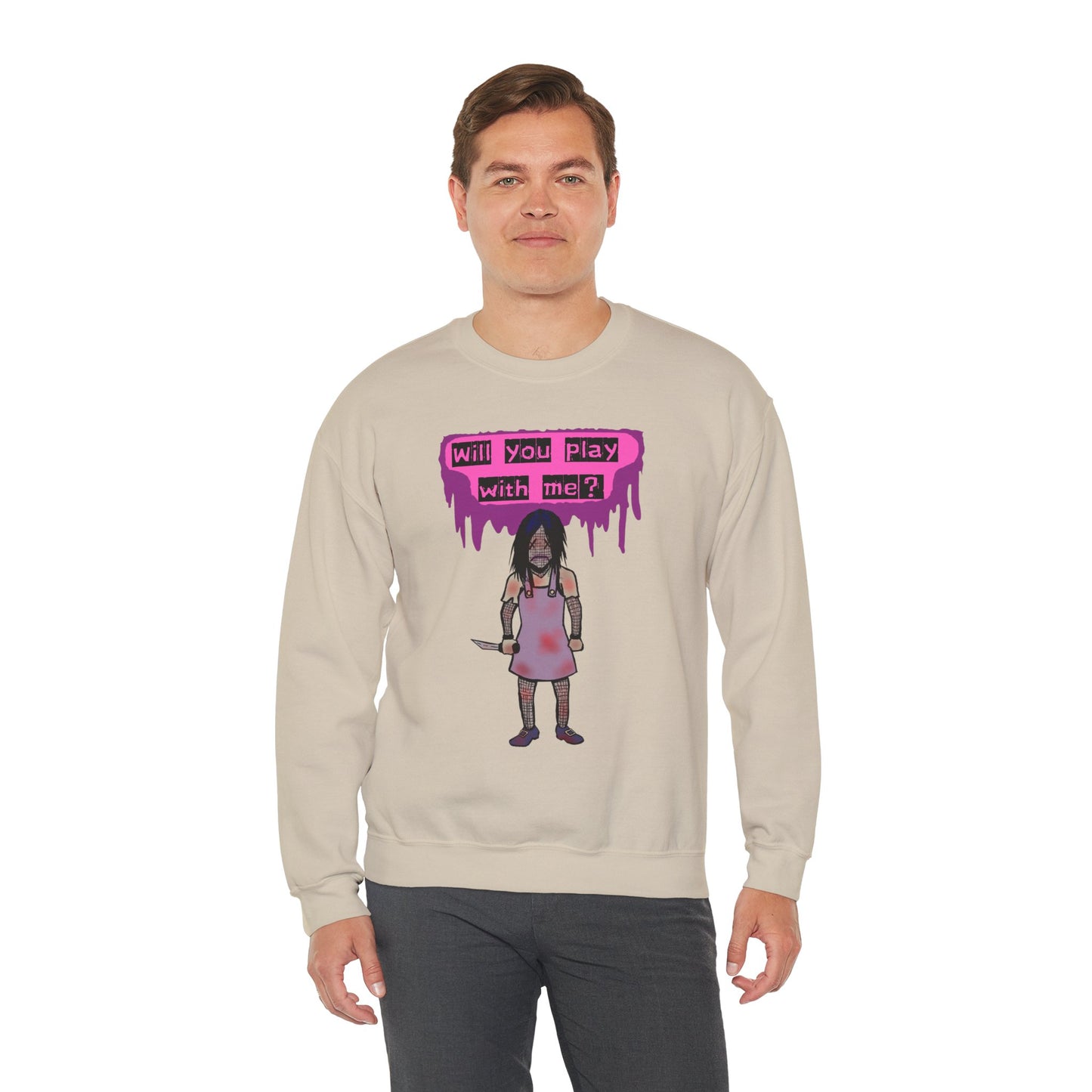 Evil Doll GHOSTLY VINTAGE UNISEX CREWNECK SWEATSHIRT - "Will You Play With Me?"