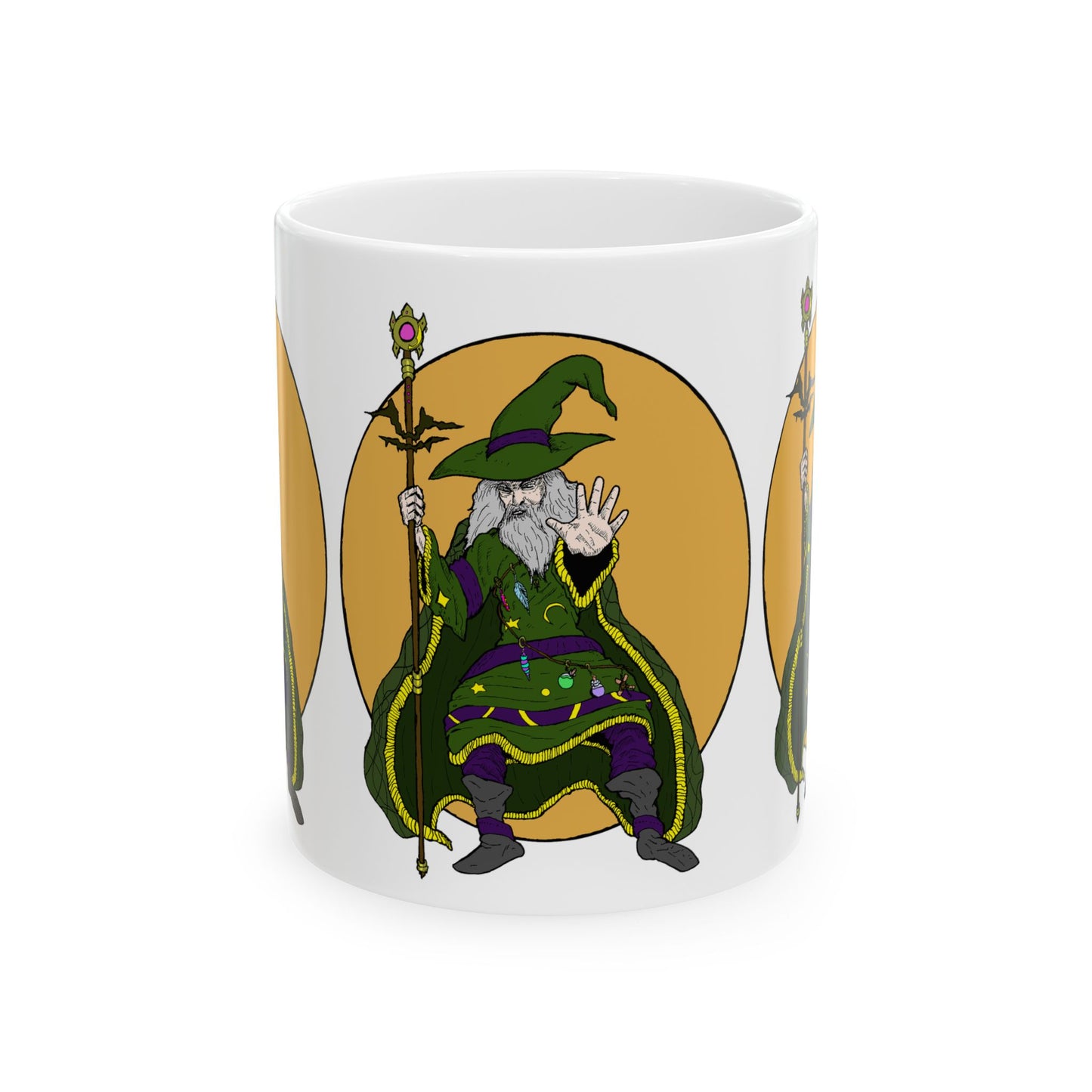 Wizard Holding a Magical Staff Ceramic Mug, (11oz)