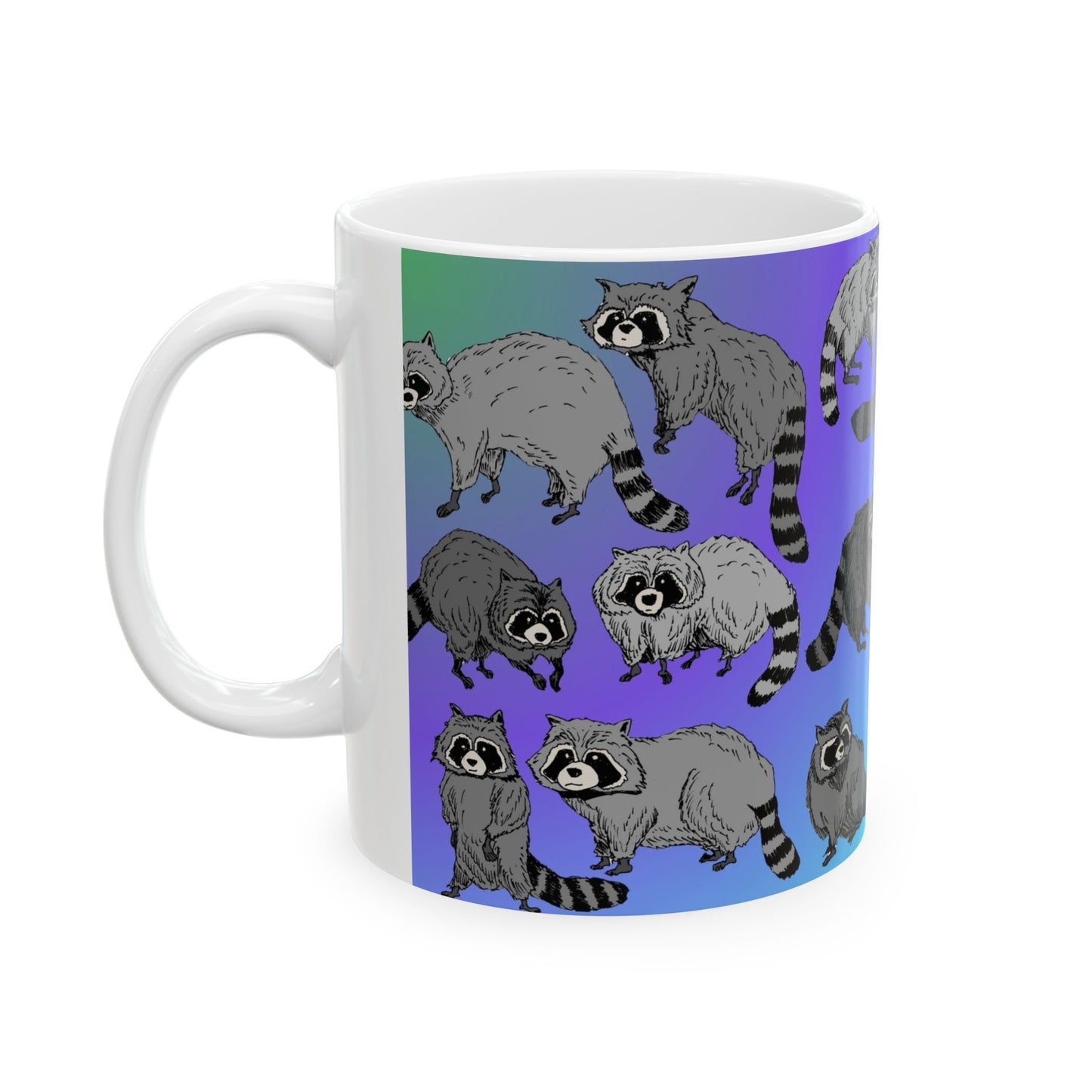 Raccoon Pattern Ceramic Mug — Cute Cartoon Raccoons on Gradient Background (11oz, 15oz)