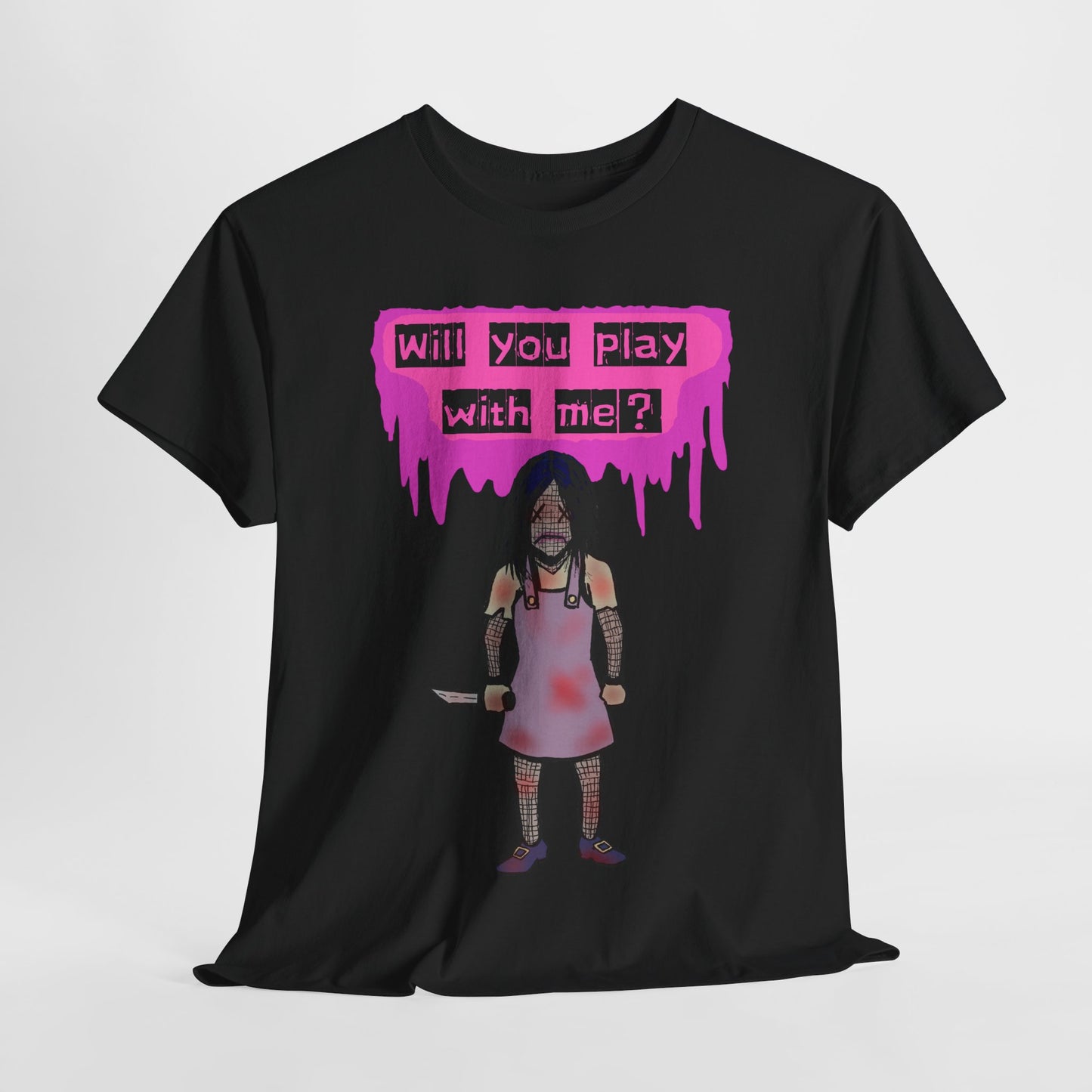 Playful Evil Doll Horror Graphic Tee, Unisex Heavy Cotton Shirt, Casual Wear, Unique Gift, Halloween Costume, Quirky Fashion