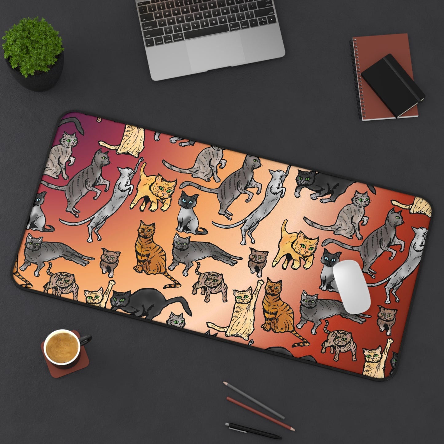 Cat Pattern Desk Mat — Colorful Cute Cat Illustration Mouse Pad for Home Office