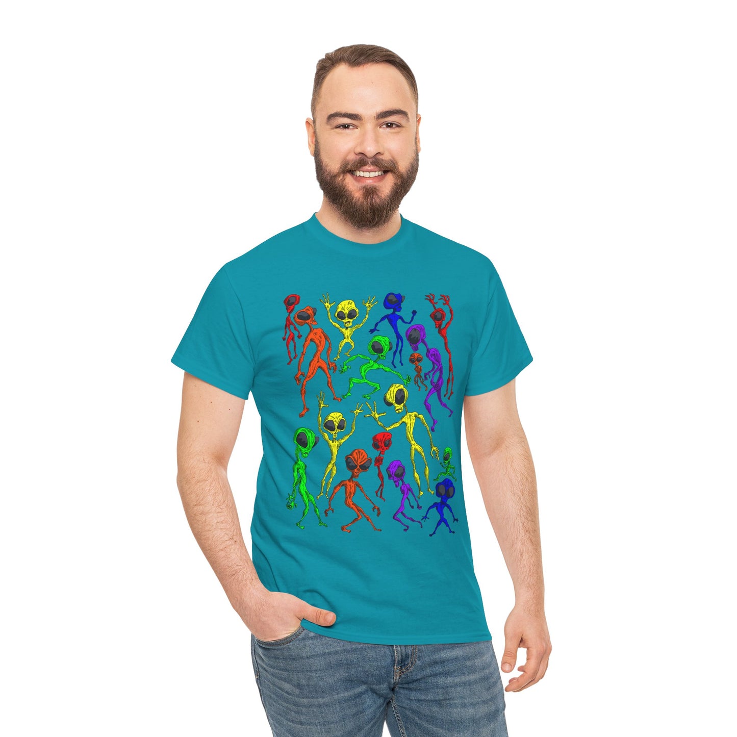 Rainbow Alien Dance Party Unisex Tee - Cosmic Sci-Fi Shirt