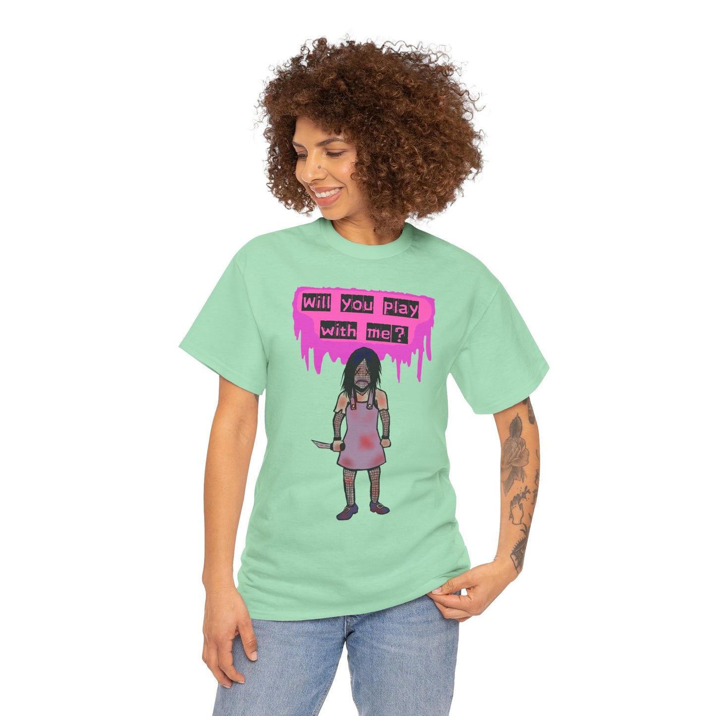 Playful Evil Doll Horror Graphic Tee, Unisex Heavy Cotton Shirt, Casual Wear, Unique Gift, Halloween Costume, Quirky Fashion