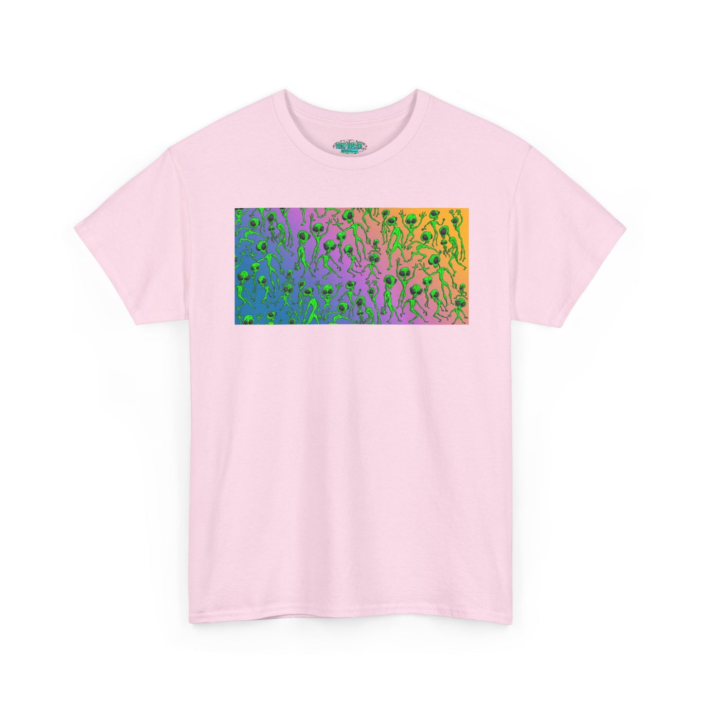 Alien Dance Party Gradient Tee — Colorful Psychedelic Green Aliens Art T-Shirt