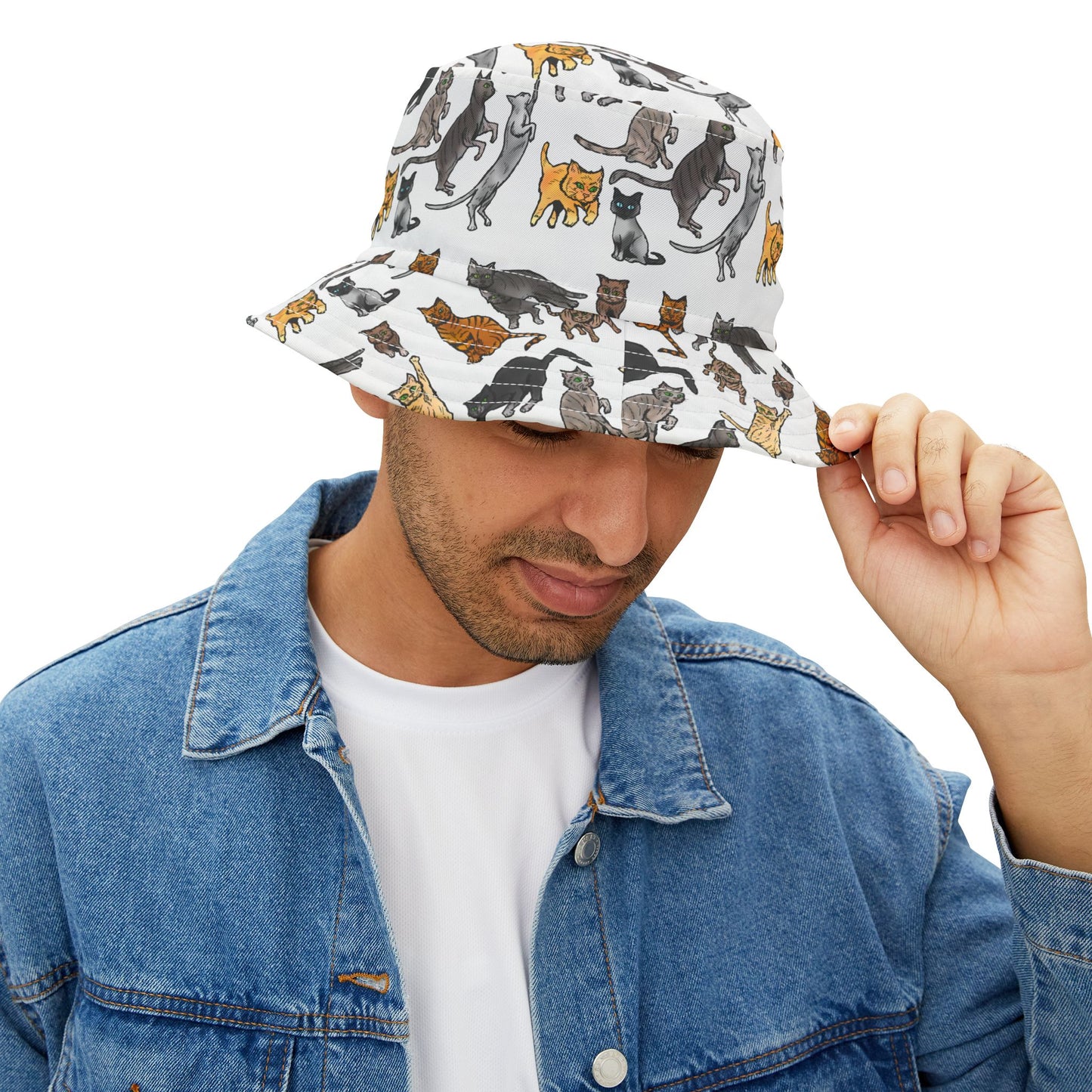 Cat Pattern Bucket Hat — All-Over Print Cute Cat Illustration Accessory