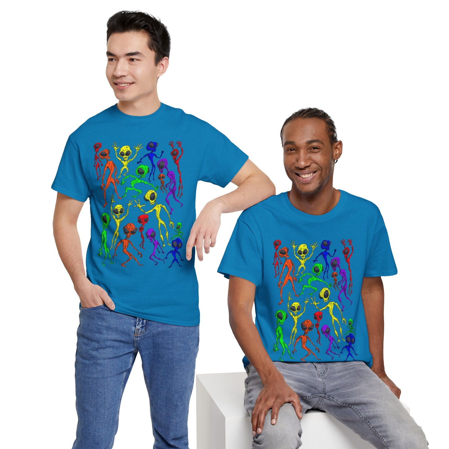 Rainbow Alien Dance Party Unisex Tee - Cosmic Sci-Fi Shirt