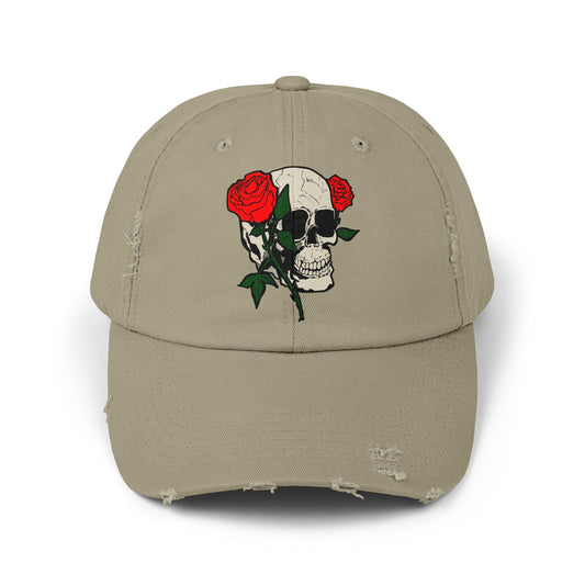 Skull and Roses Distressed Unisex Cap – Edgy Fashion Accessory for Music Lovers