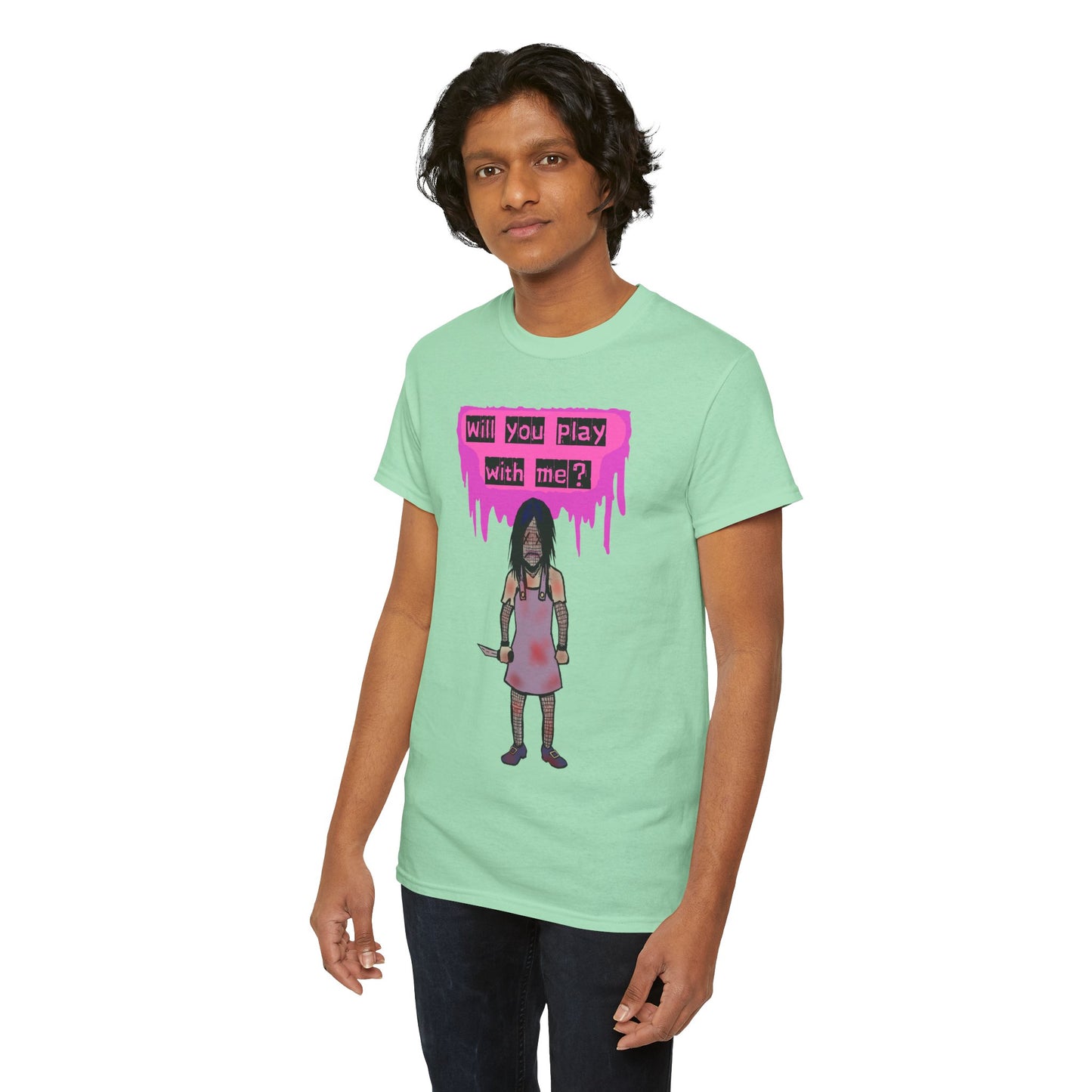 Playful Evil Doll Horror Graphic Tee, Unisex Heavy Cotton Shirt, Casual Wear, Unique Gift, Halloween Costume, Quirky Fashion
