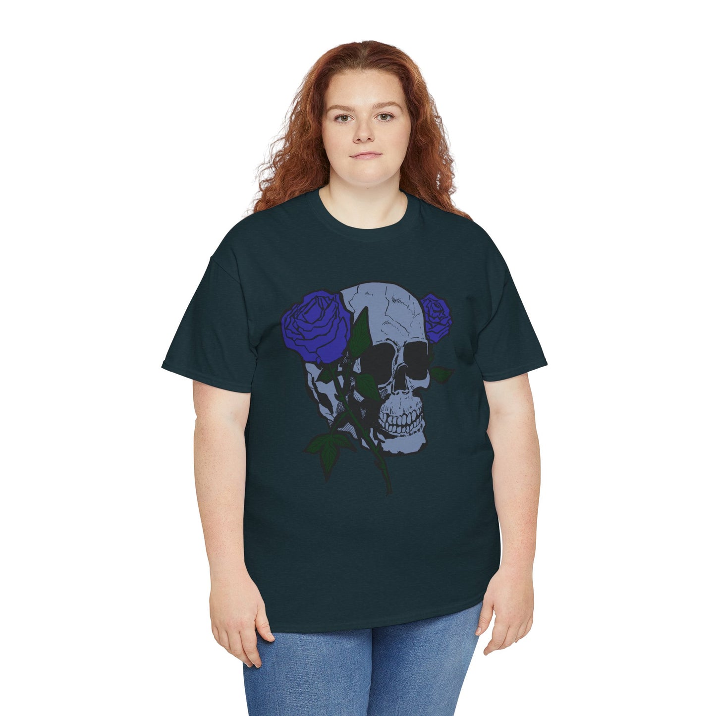 Unisex Heavy Cotton Tee with Skull and Rose Design - Edgy Streetwear Top