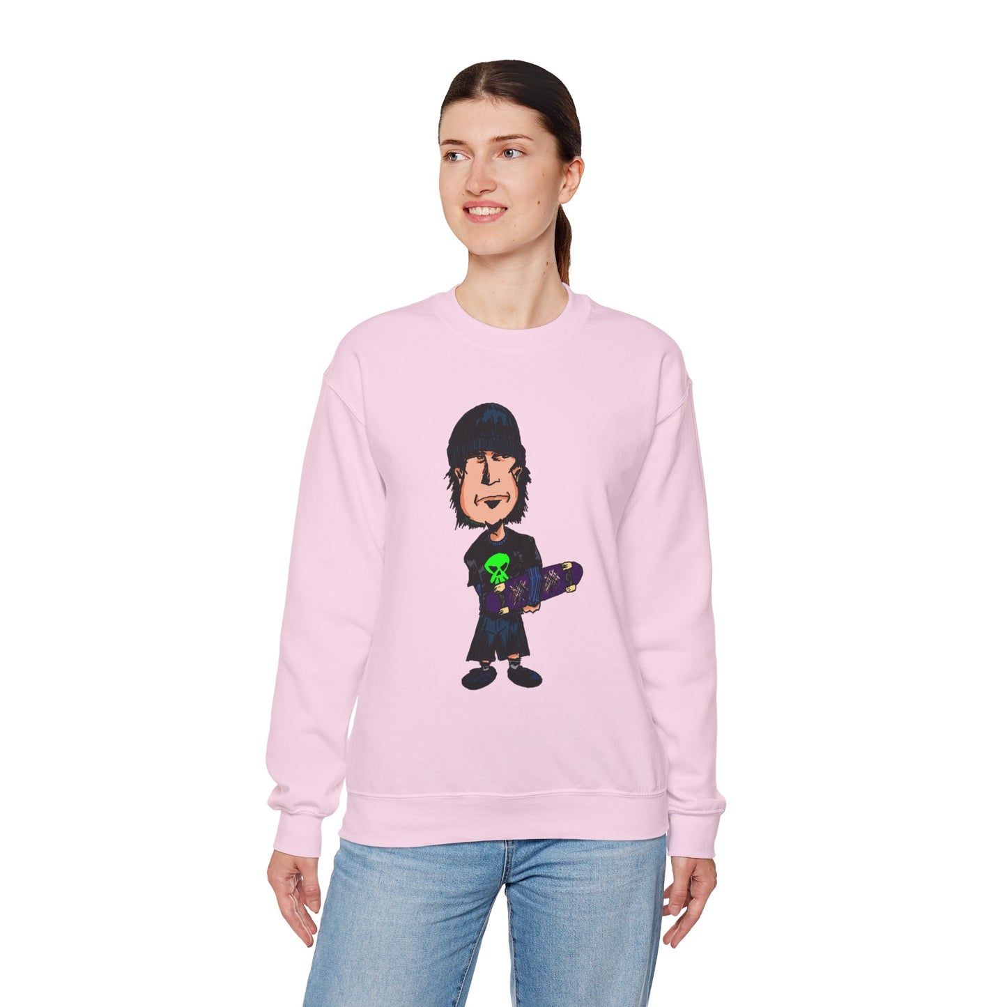 Rude Skater Dude - Cartoon Skate Punk Crewneck Sweatshirt — Retro Skateboard Character Graphic