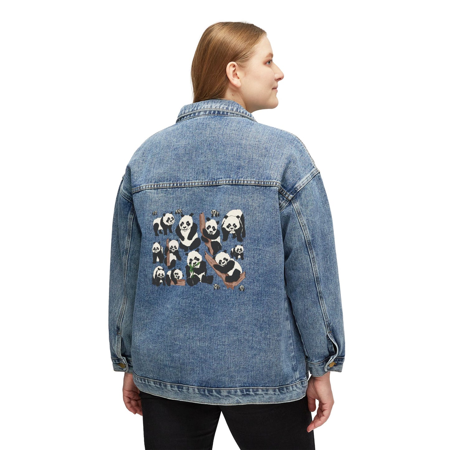 Women's Denim Jacket with Cute Panda Pack Backprint