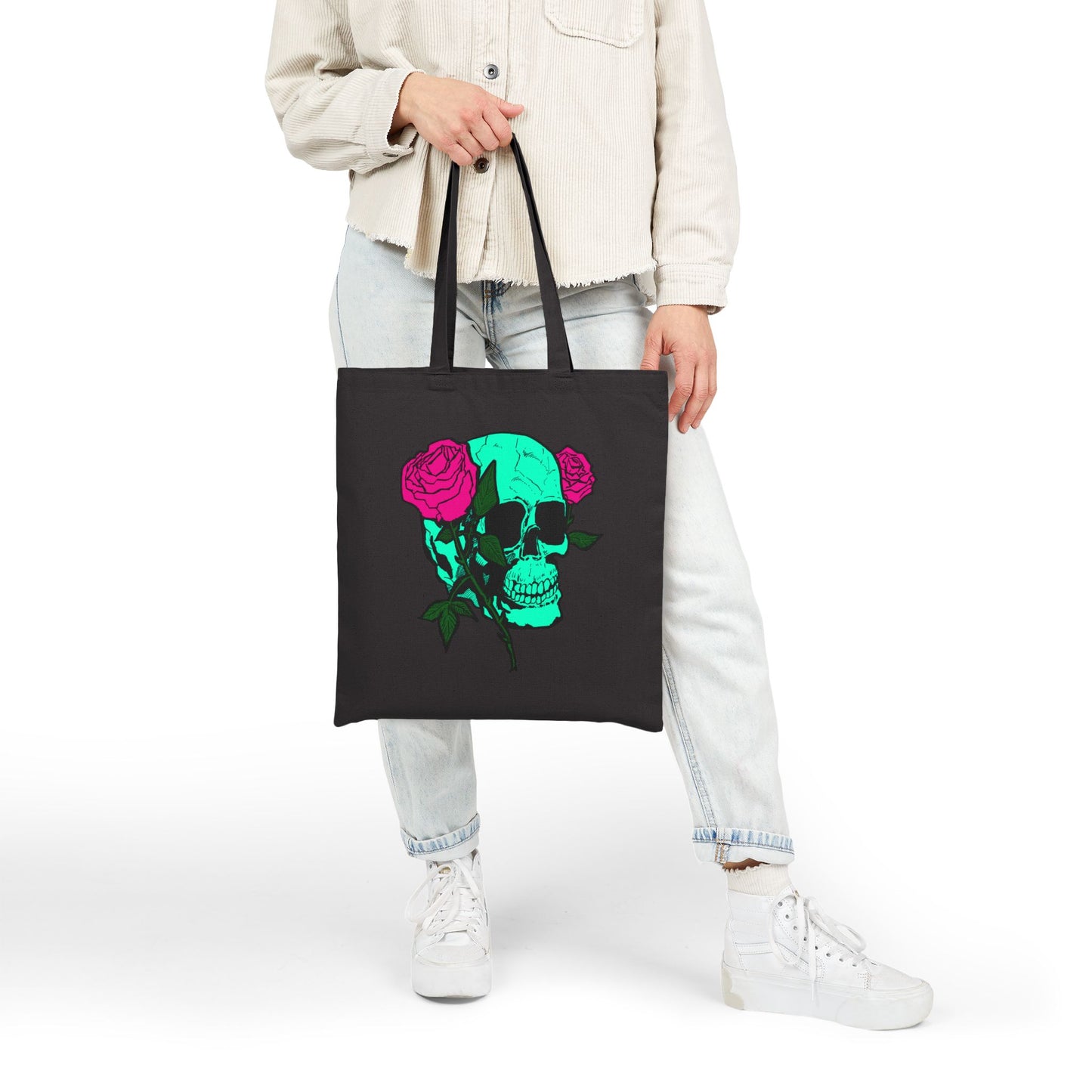 Skull & Roses Canvas Tote — Green Skull with Pink Roses Cotton Bag