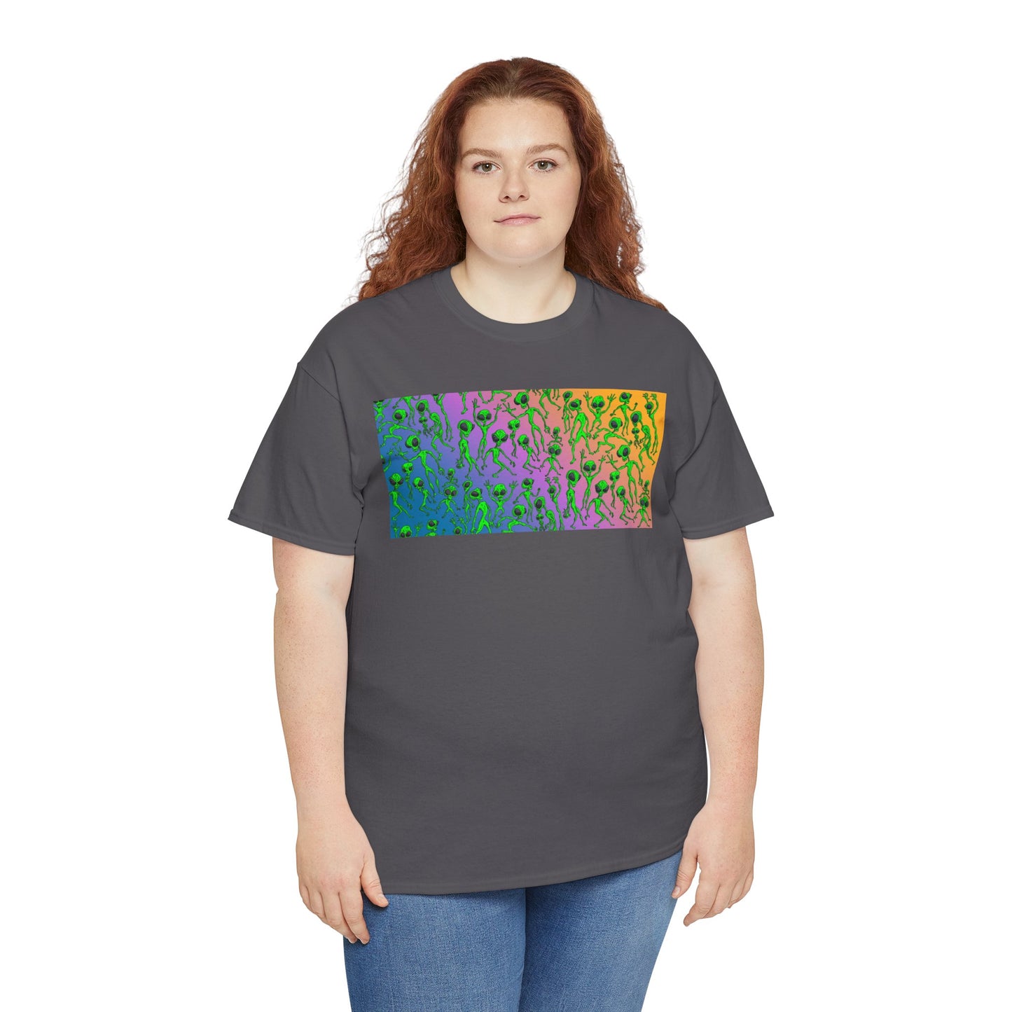 Alien Dance Party Gradient Tee — Colorful Psychedelic Green Aliens Art T-Shirt