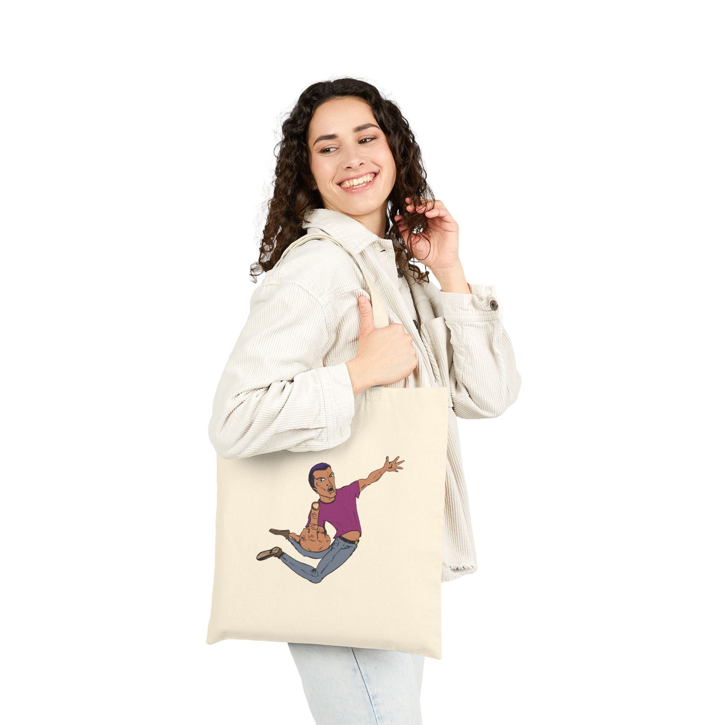 Giving a Flying Eff Tote Bag — Playful Retro Man Jumping Illustration Cotton Canvas Tote