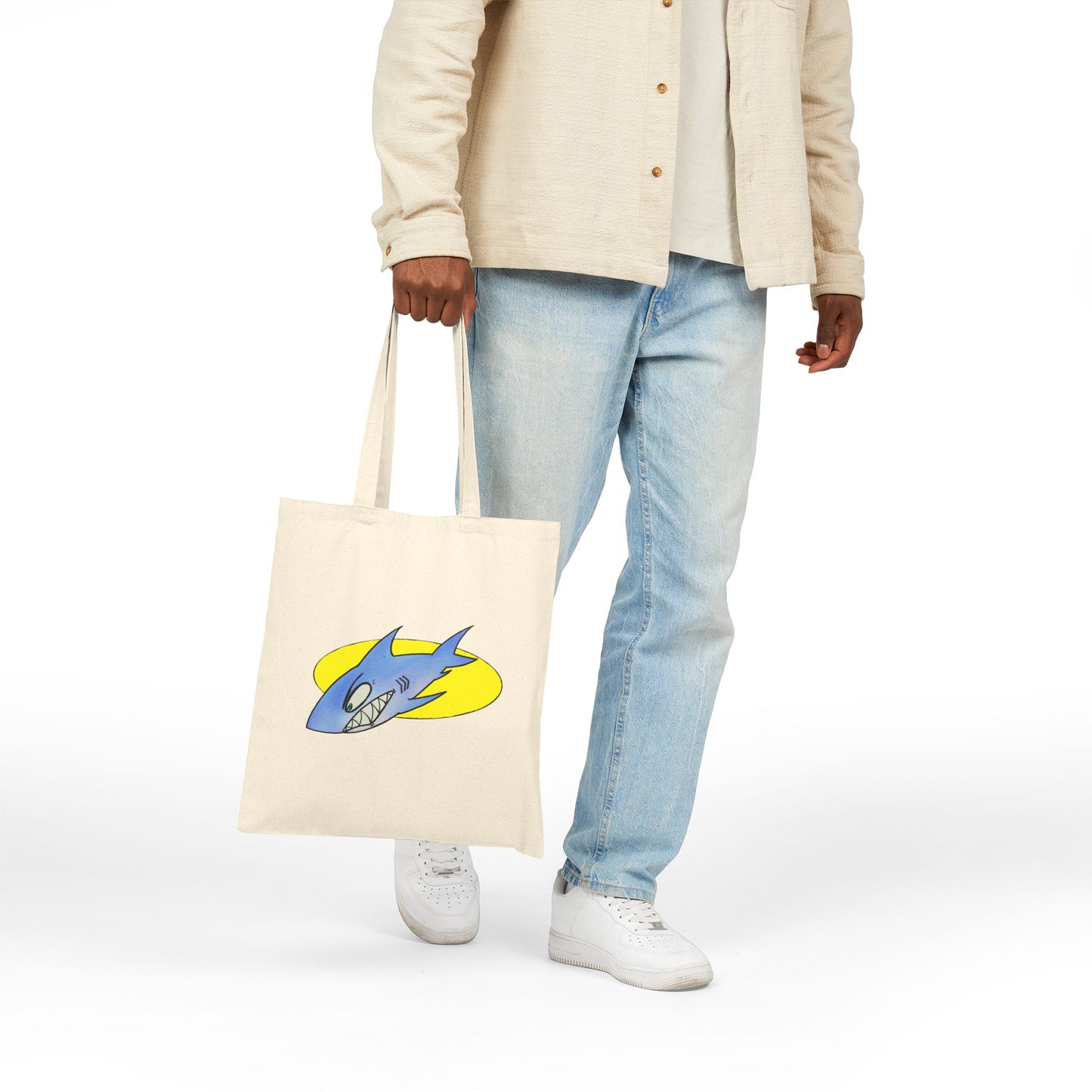 Shark Graphic Tote Bag – Retro Blue Shark Design on Natural Canvas