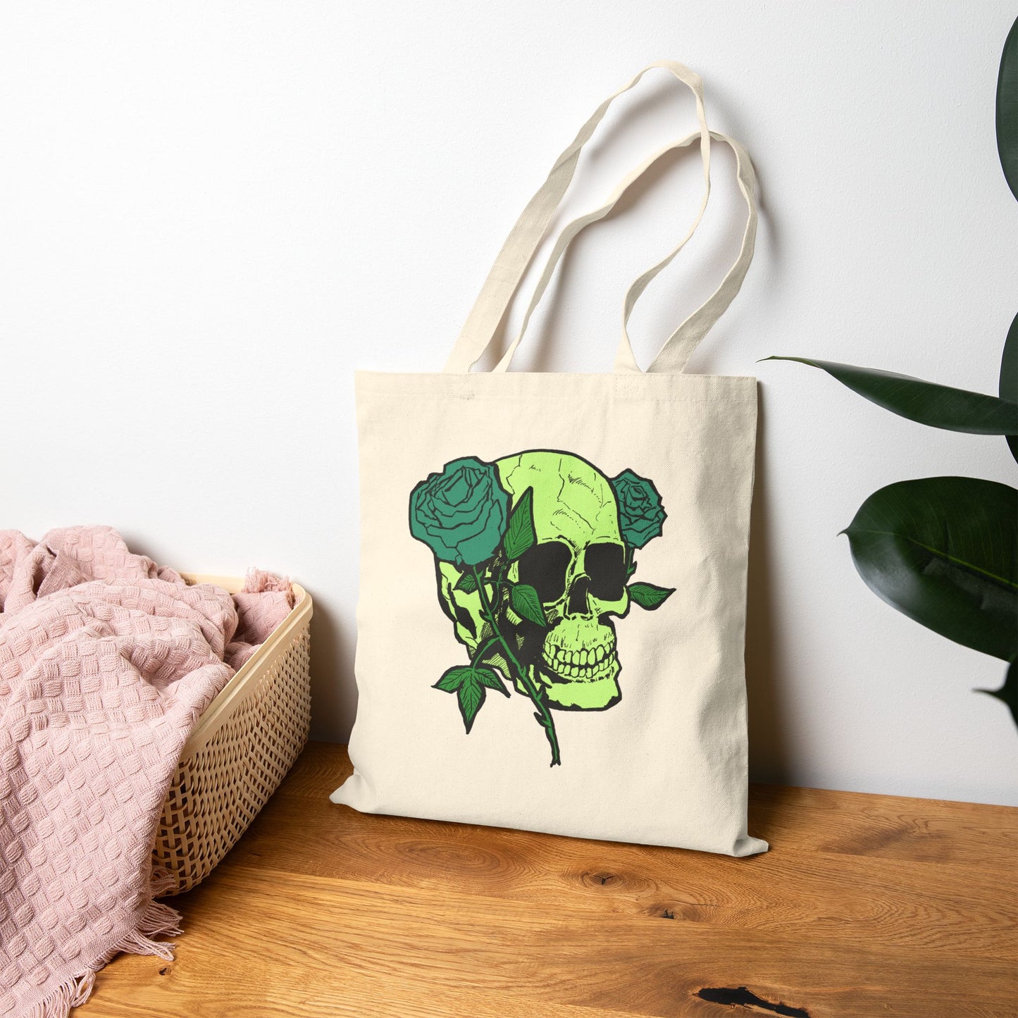 Green Skull & Roses Cotton Canvas Tote — Gothic Floral Reusable Bag