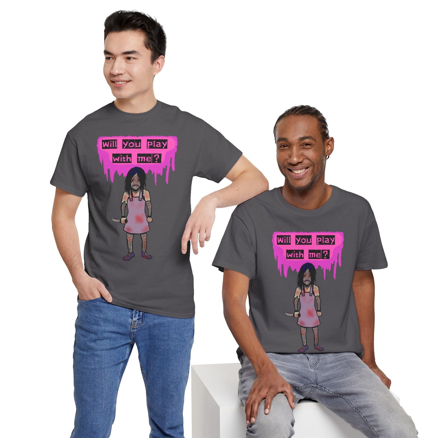 Playful Evil Doll Horror Graphic Tee, Unisex Heavy Cotton Shirt, Casual Wear, Unique Gift, Halloween Costume, Quirky Fashion