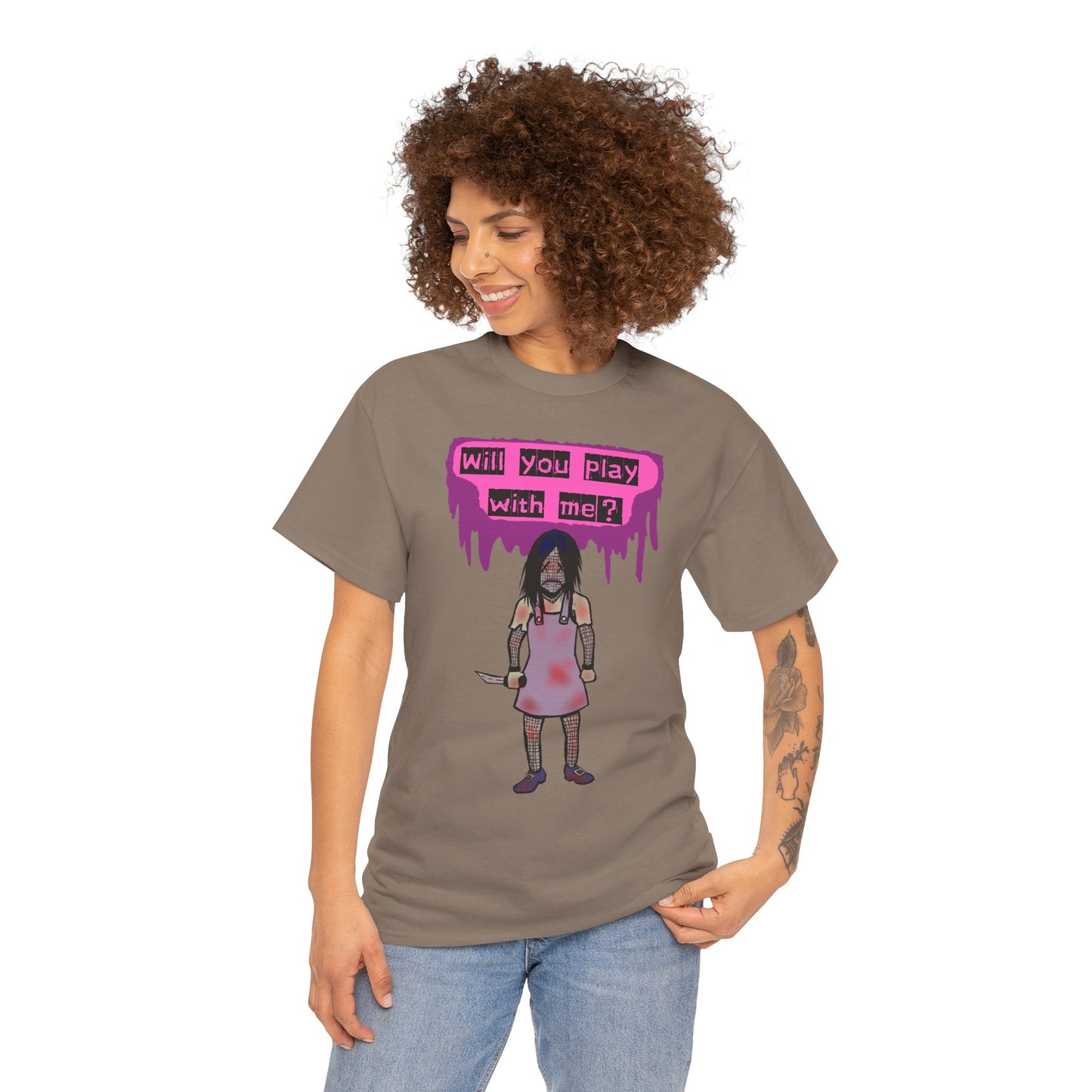 Chilling Evil Doll Horror Tee, Horror T-Shirt, Grey Tee, Unique Graphic Tee, Unisex Tee, Playful Scary Top, Halloween Shirt