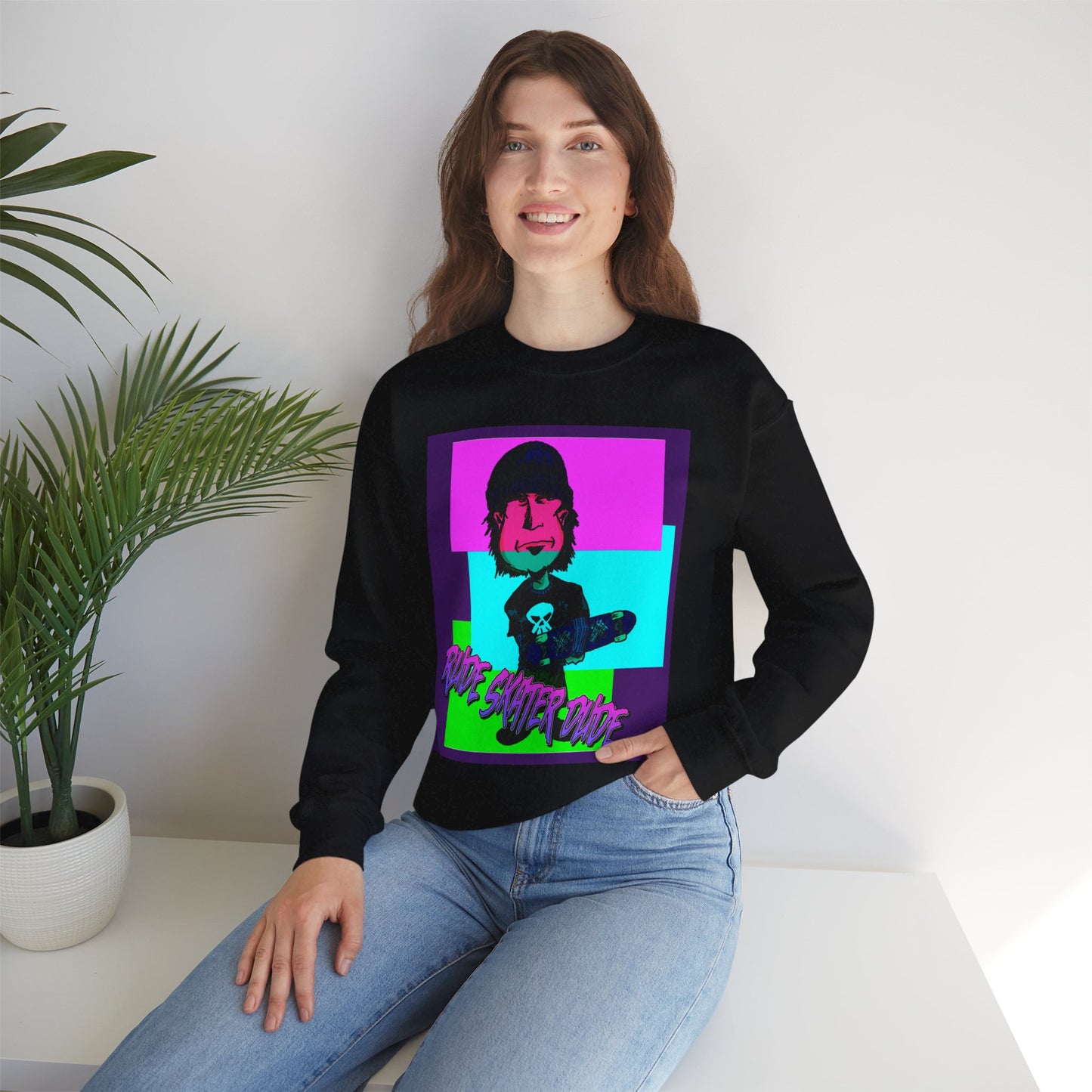 Crewneck Sweatshirt — Retro Neon Skate Punk "Rude Skater Dude" Graphic