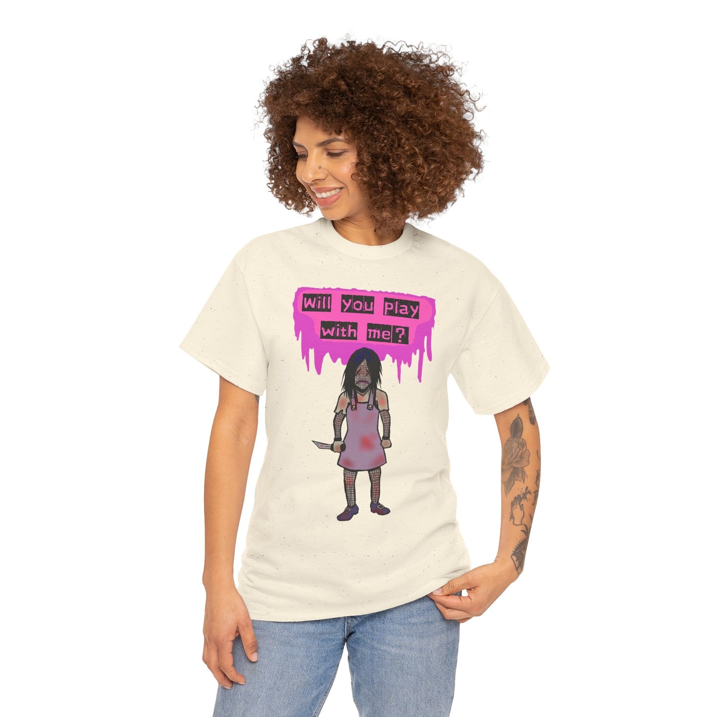Playful Evil Doll Horror Graphic Tee, Unisex Heavy Cotton Shirt, Casual Wear, Unique Gift, Halloween Costume, Quirky Fashion