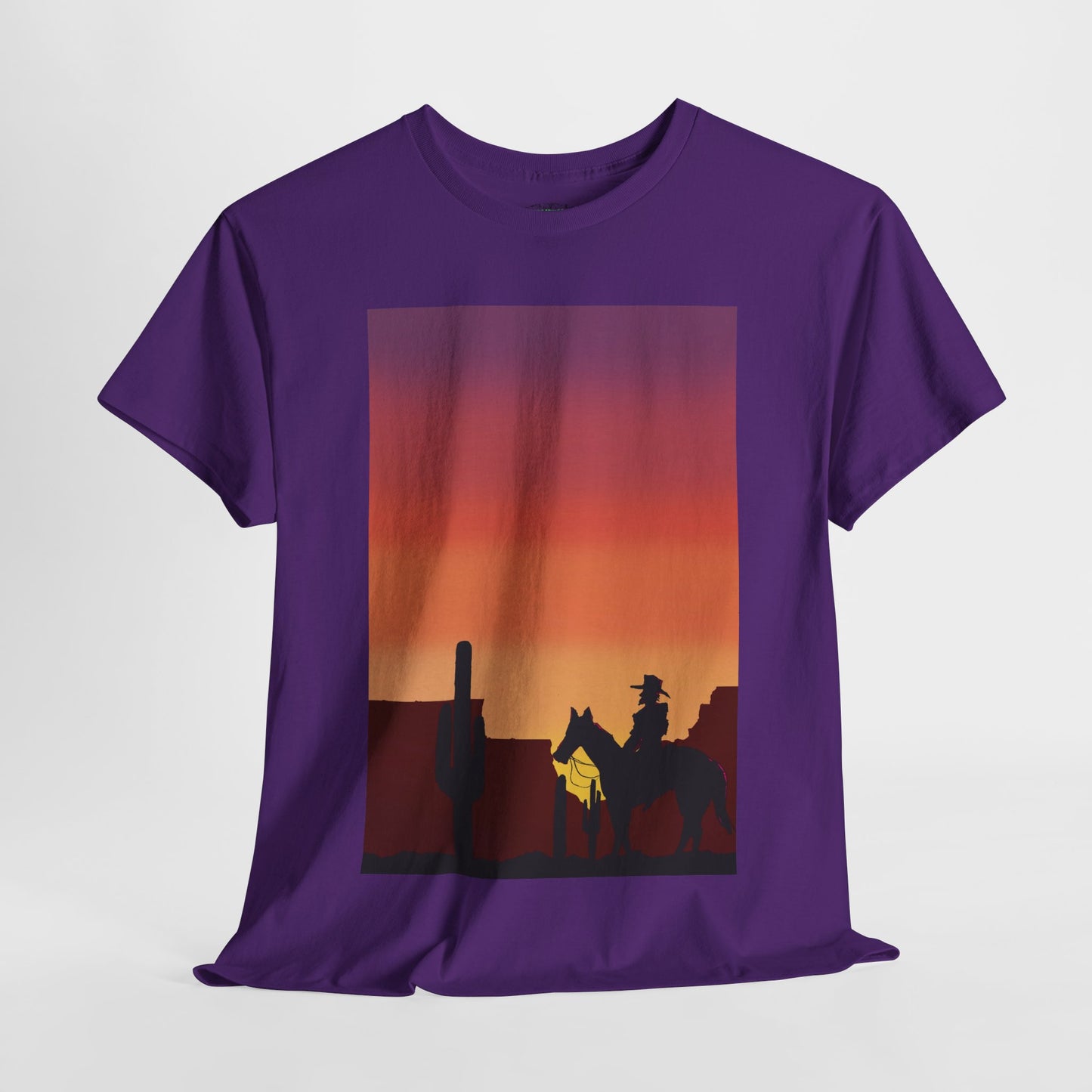 Sunset Cowboy Unisex Heavy Cotton Tee - Western Graphic Tee for Nature Lovers