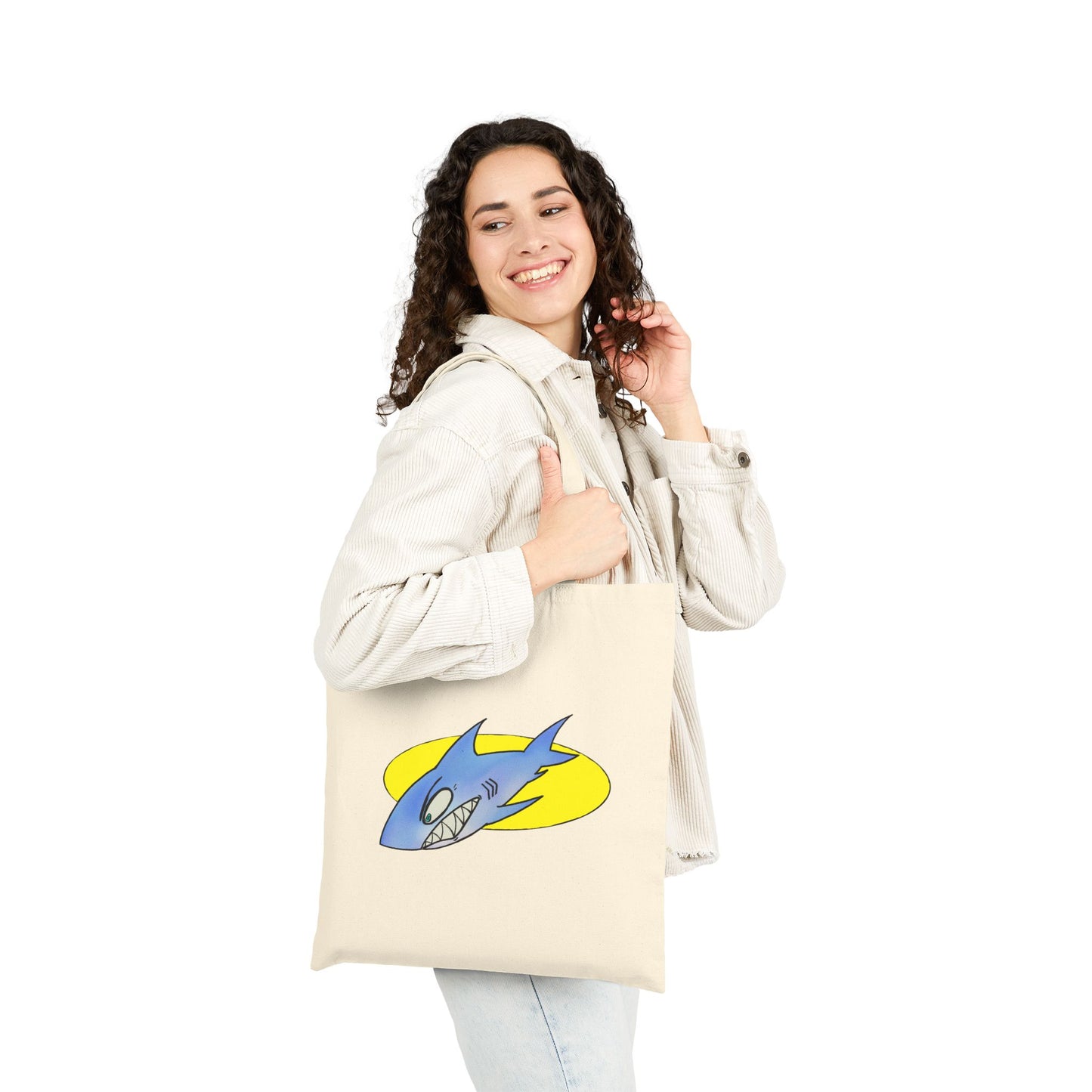 Shark Graphic Tote Bag – Retro Blue Shark Design on Natural Canvas
