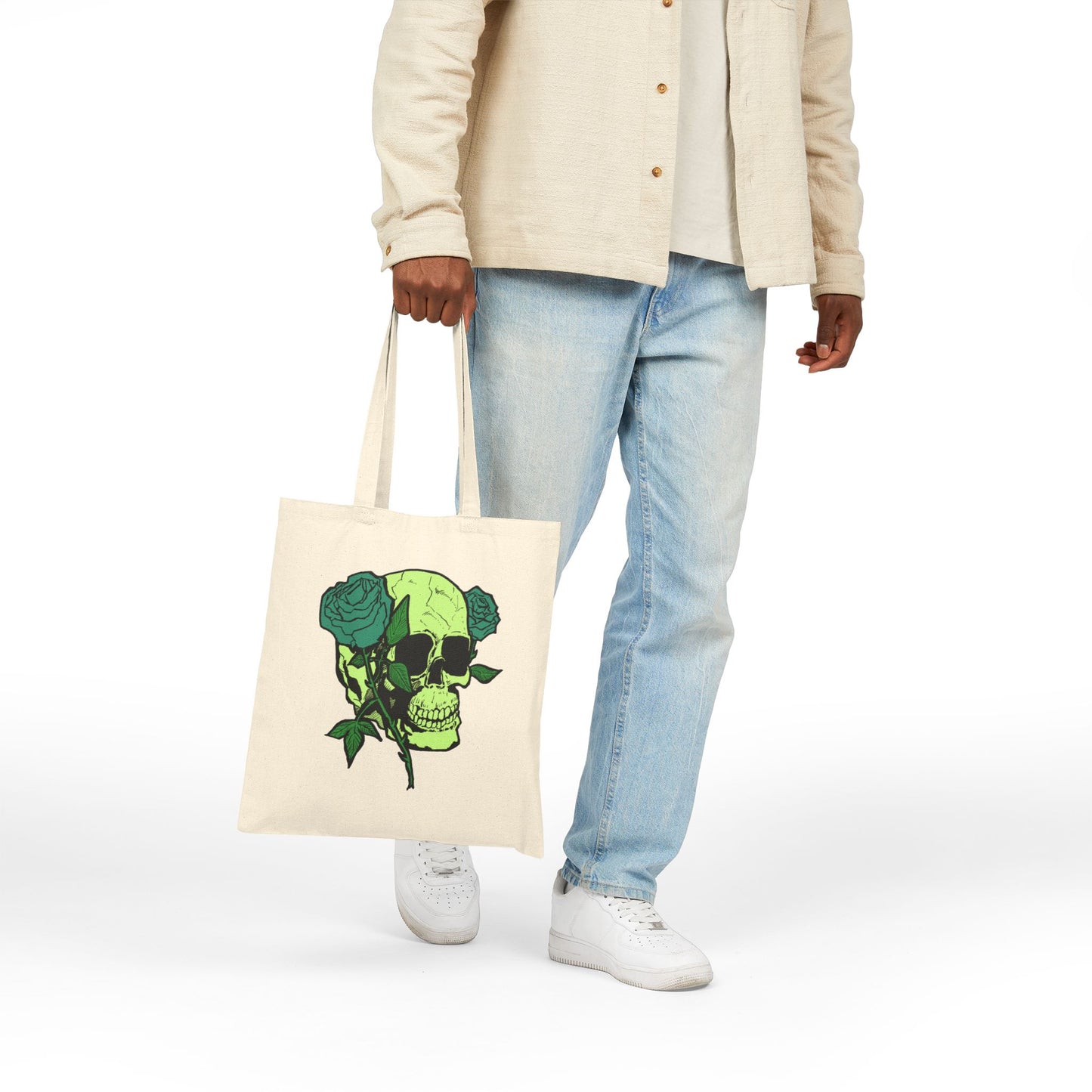 Green Skull & Roses Cotton Canvas Tote — Gothic Floral Reusable Bag