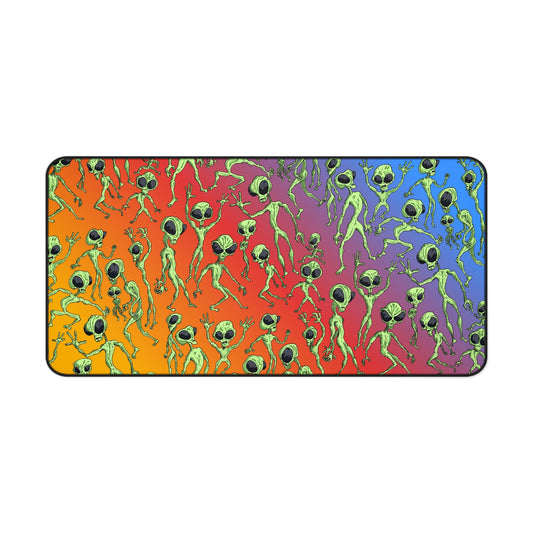 Alien Dance Party Rainbow Desk Mat — Colorful Alien Pattern Gaming Mouse Pad