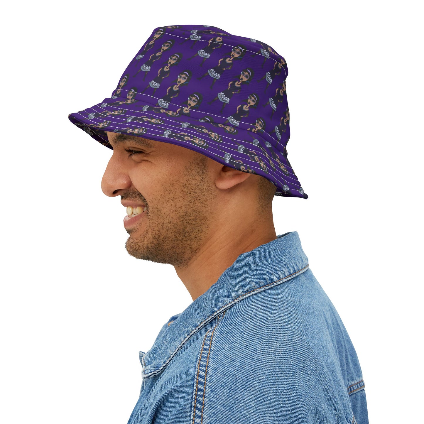 Purple Retro Goth Girl Pattern Bucket Hat — All-Over Print Fashion Accessory