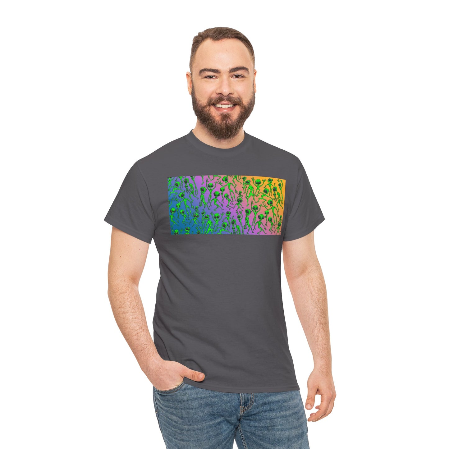 Alien Dance Party Gradient Tee — Colorful Psychedelic Green Aliens Art T-Shirt