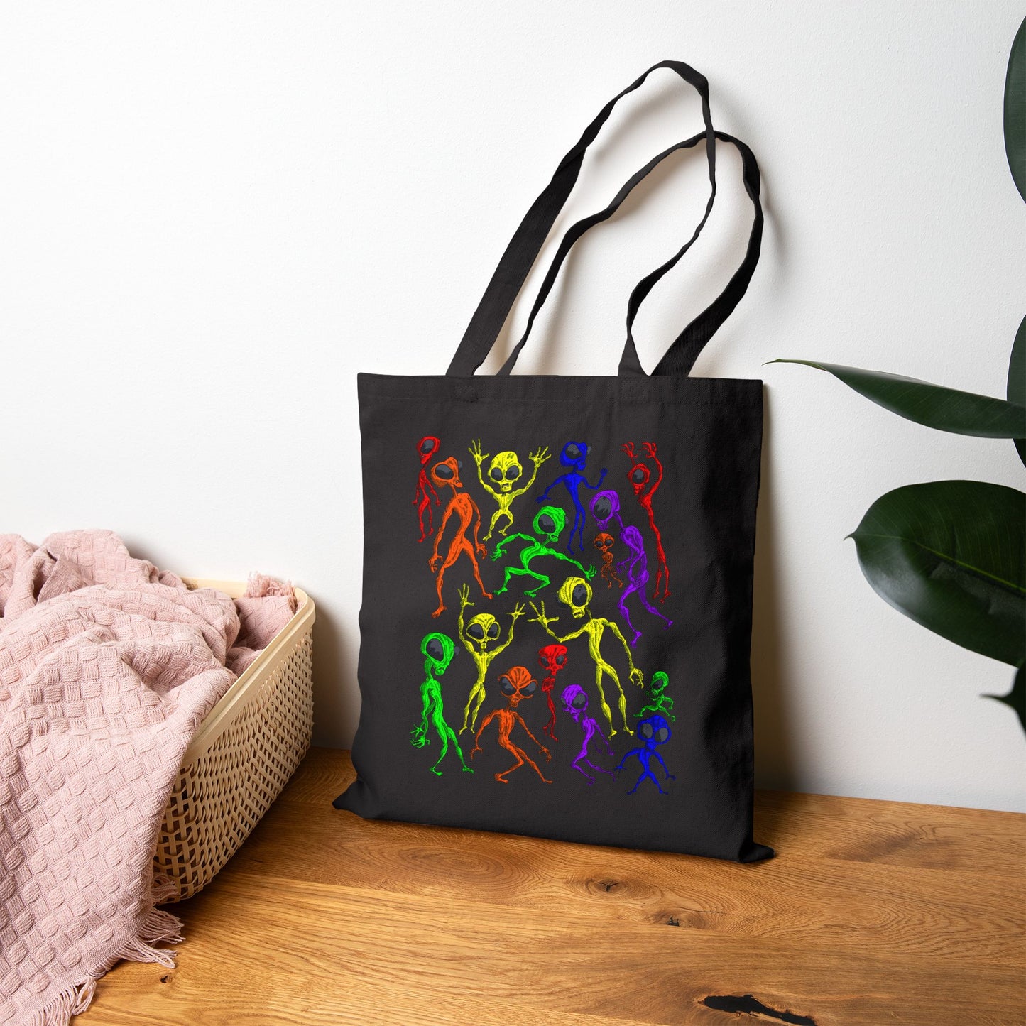 Alien Dance Party Canvas Tote Bag — Colorful Dancing Aliens Graphic Eco Shopper