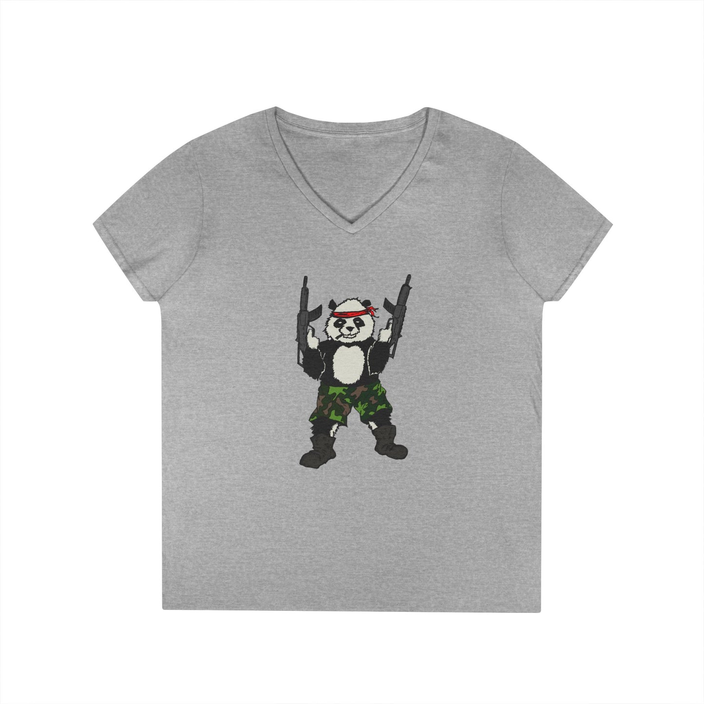 Ladies' V-Neck T-Shirt - Cool Panda with Guns Graphic Tee