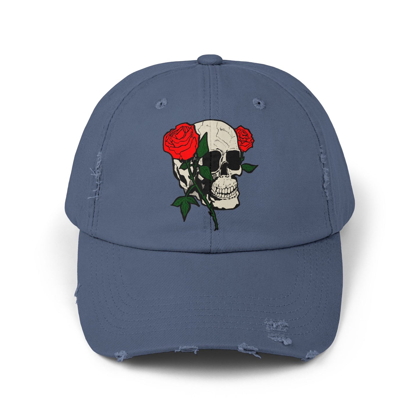 Skull and Roses Distressed Unisex Cap – Edgy Fashion Accessory for Music Lovers