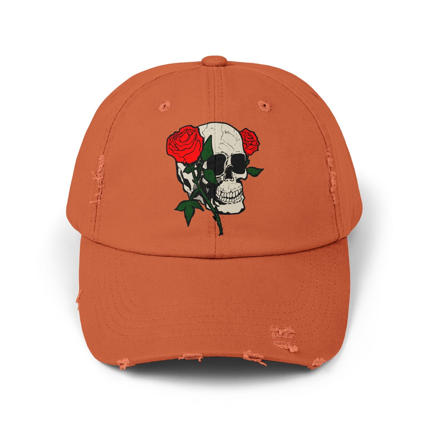 Skull and Roses Distressed Unisex Cap – Edgy Fashion Accessory for Music Lovers