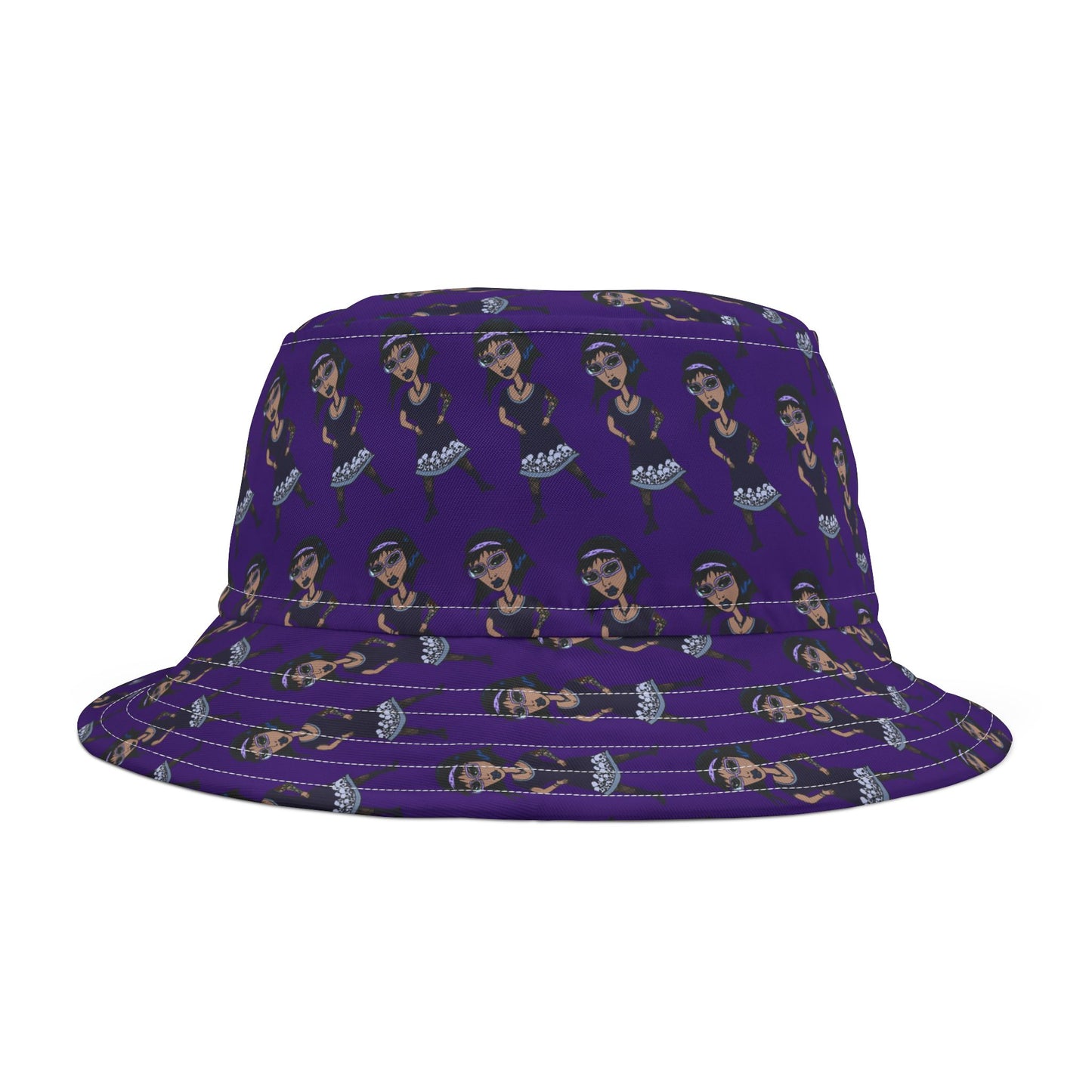 Purple Retro Goth Girl Pattern Bucket Hat — All-Over Print Fashion Accessory