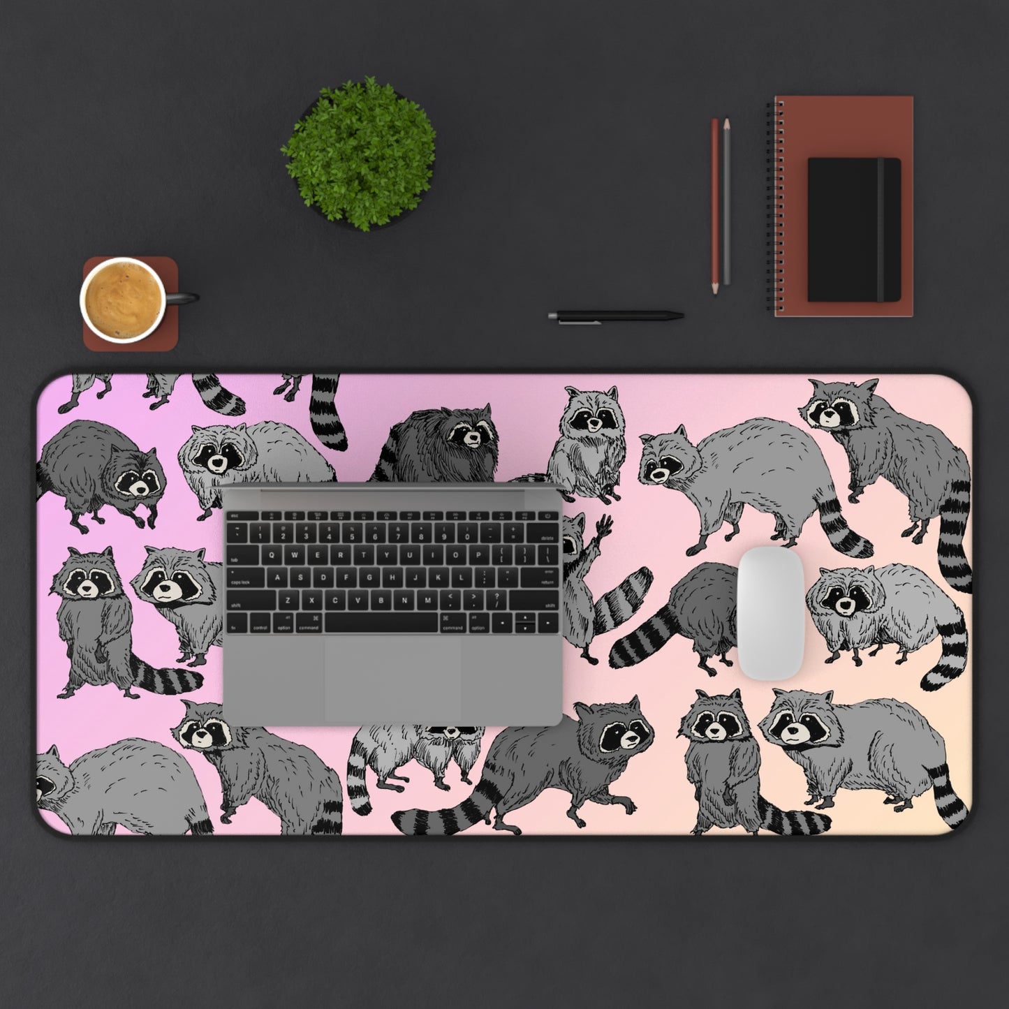 Raccoon Pattern Desk Mat — Cute Pink Gradient Gaming & Office Mouse Pad
