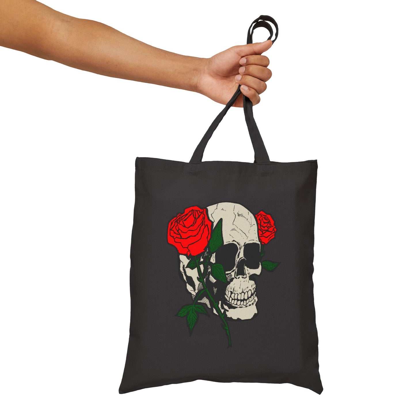 Skull & Roses Canvas Tote Bag — Gothic Floral Reusable Shopper