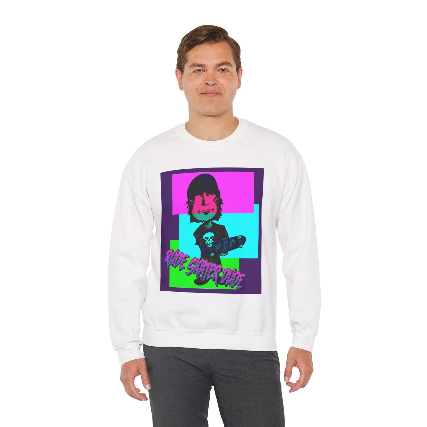 Crewneck Sweatshirt — Retro Neon Skate Punk "Rude Skater Dude" Graphic