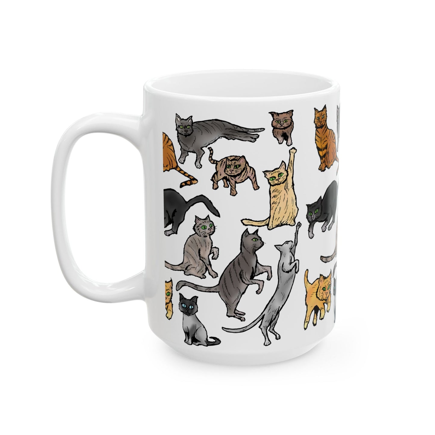 Cat Pattern Ceramic Mug — Cute Illustrated Cats Coffee Cup (11oz, 15oz)