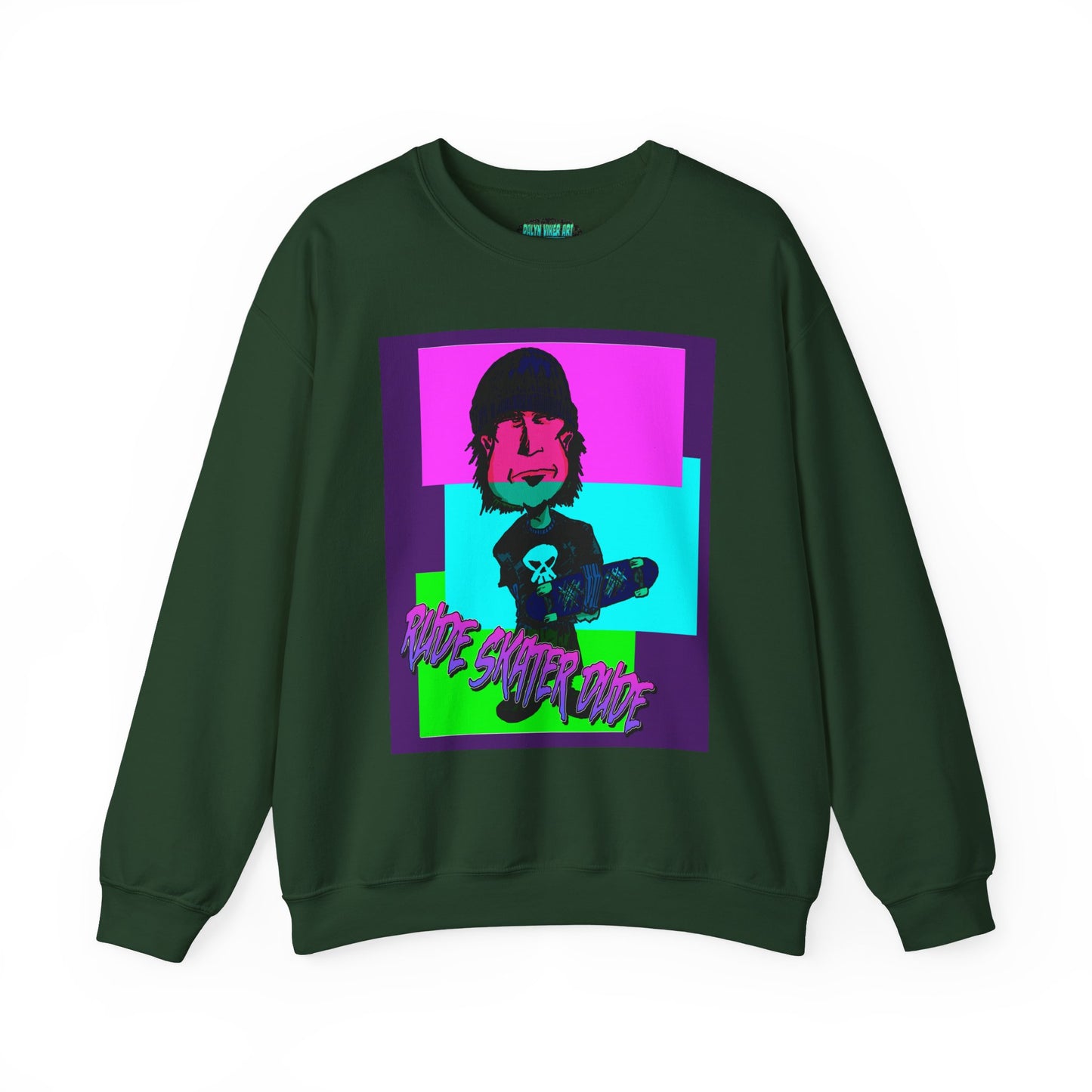 Crewneck Sweatshirt — Retro Neon Skate Punk "Rude Skater Dude" Graphic