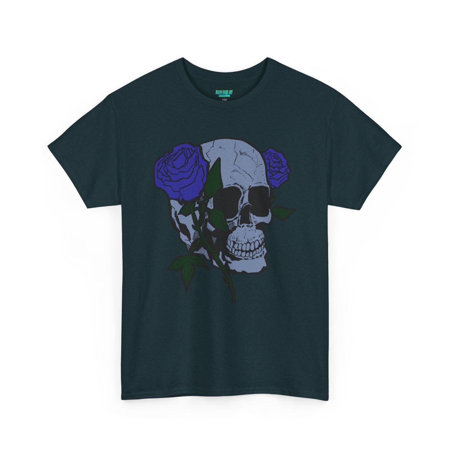 Unisex Heavy Cotton Tee with Skull and Rose Design - Edgy Streetwear Top